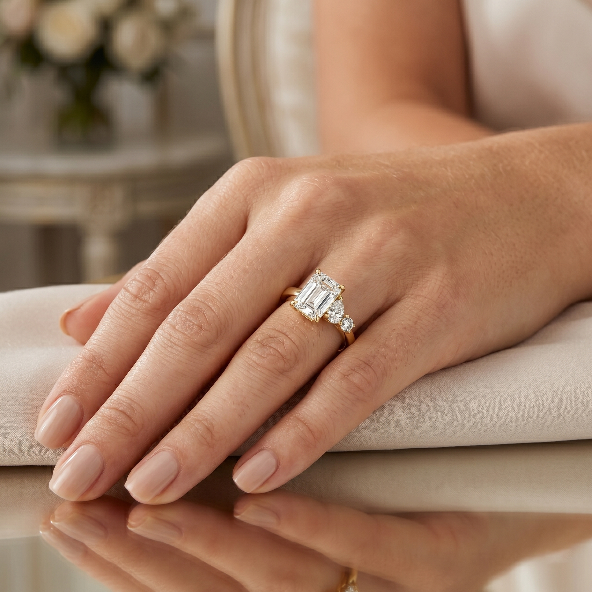 2.33 TCW Emerald Cut Moissanite Diamond 14kt Solid Gold Cluster Trilogy Engagement Ring