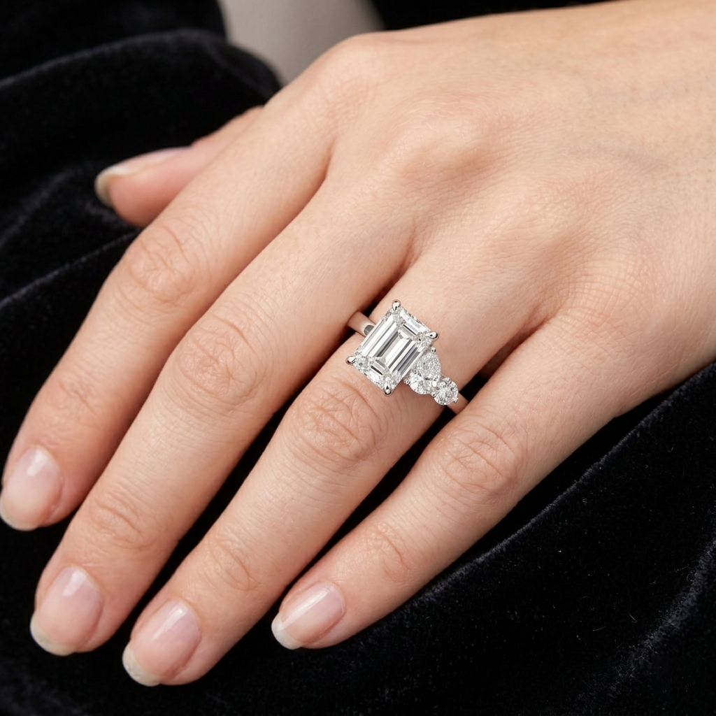 Emerald-cut Moissanite Diamond Asymmetrical Multi-stone Design Engagement Ring