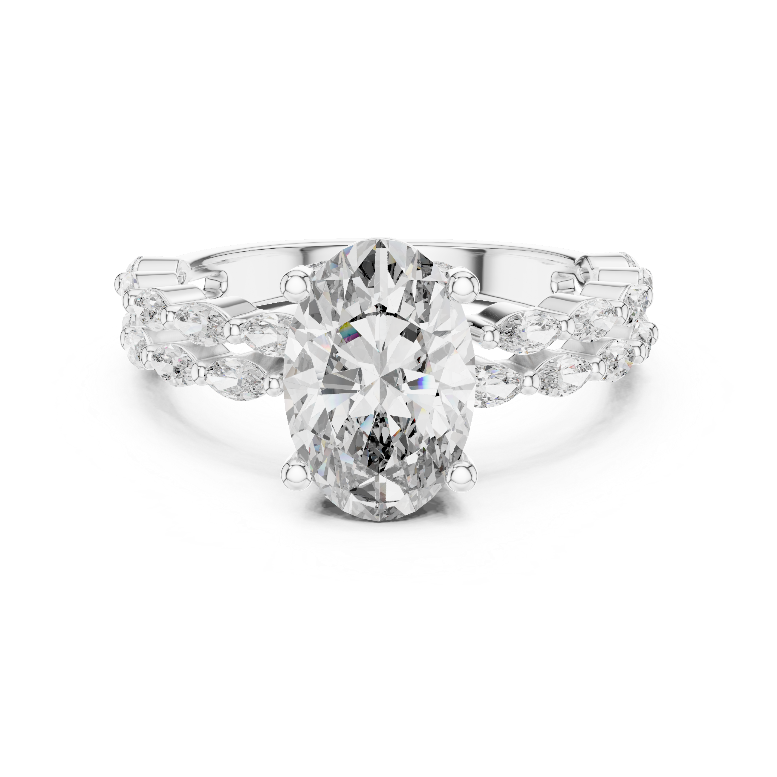Oval Cut Moissanite Diamond Proposal Ring with a Marquise Diamond Band
