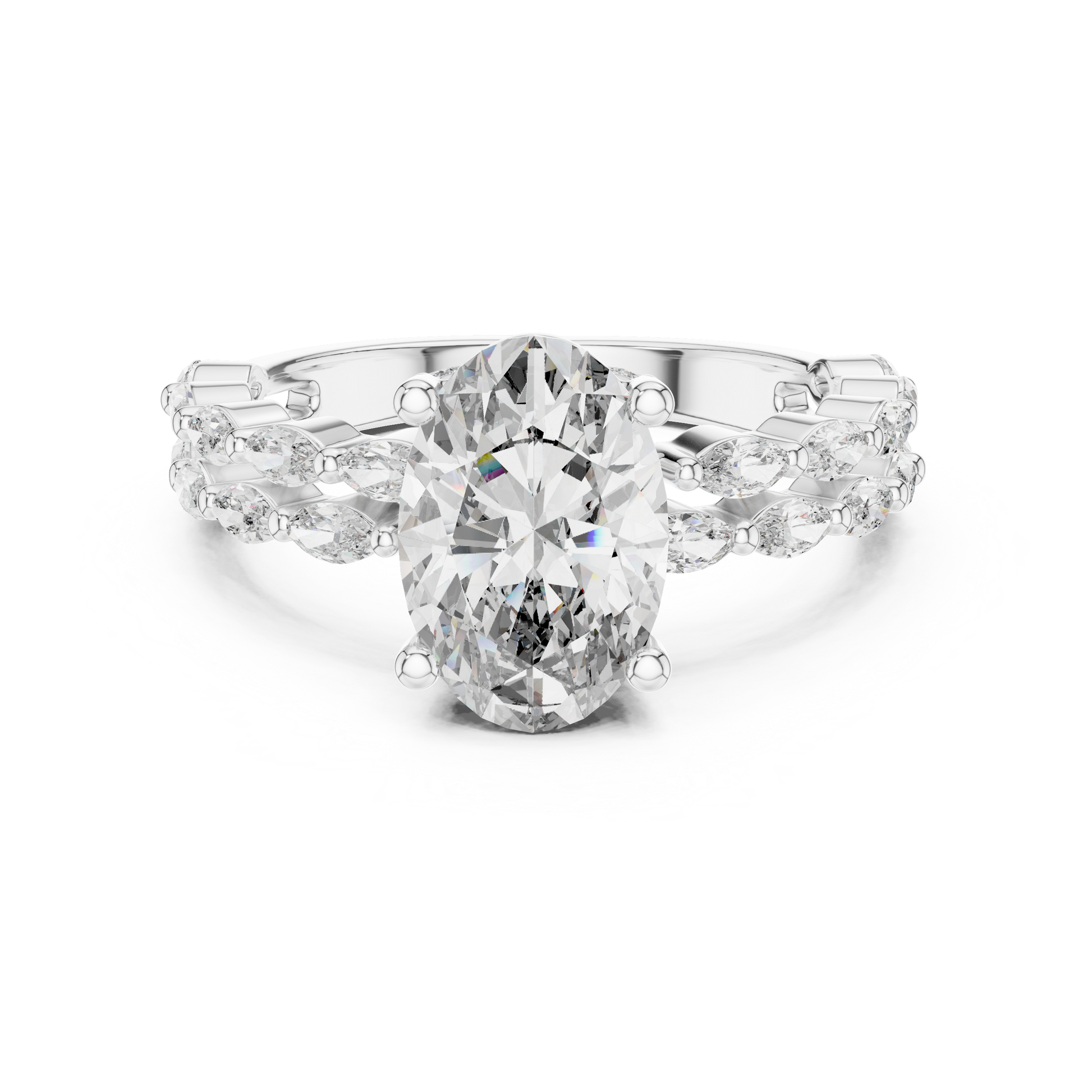 Oval Cut Moissanite Diamond Proposal Ring with a Marquise Diamond Band