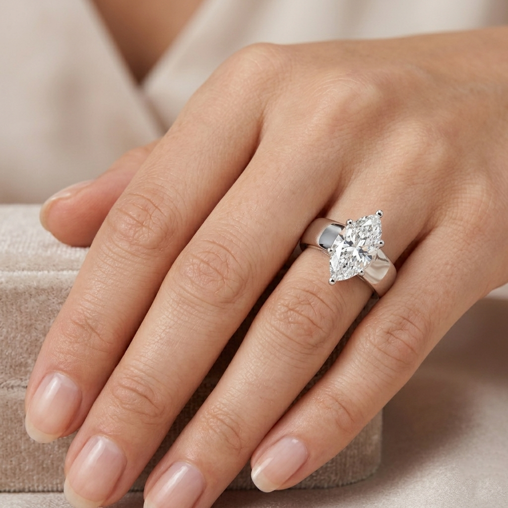 925 Sterling Silver Elongated Marquise-cut Moissanite Solitaire Engagement Ring