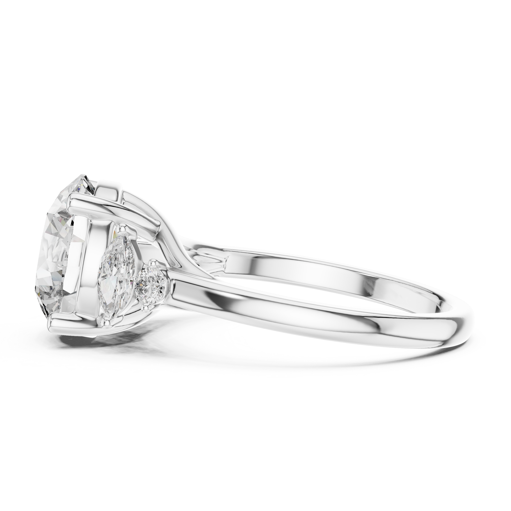Round Solitaire Four Prong Diamond Setting Engagement Ring with Side Stone