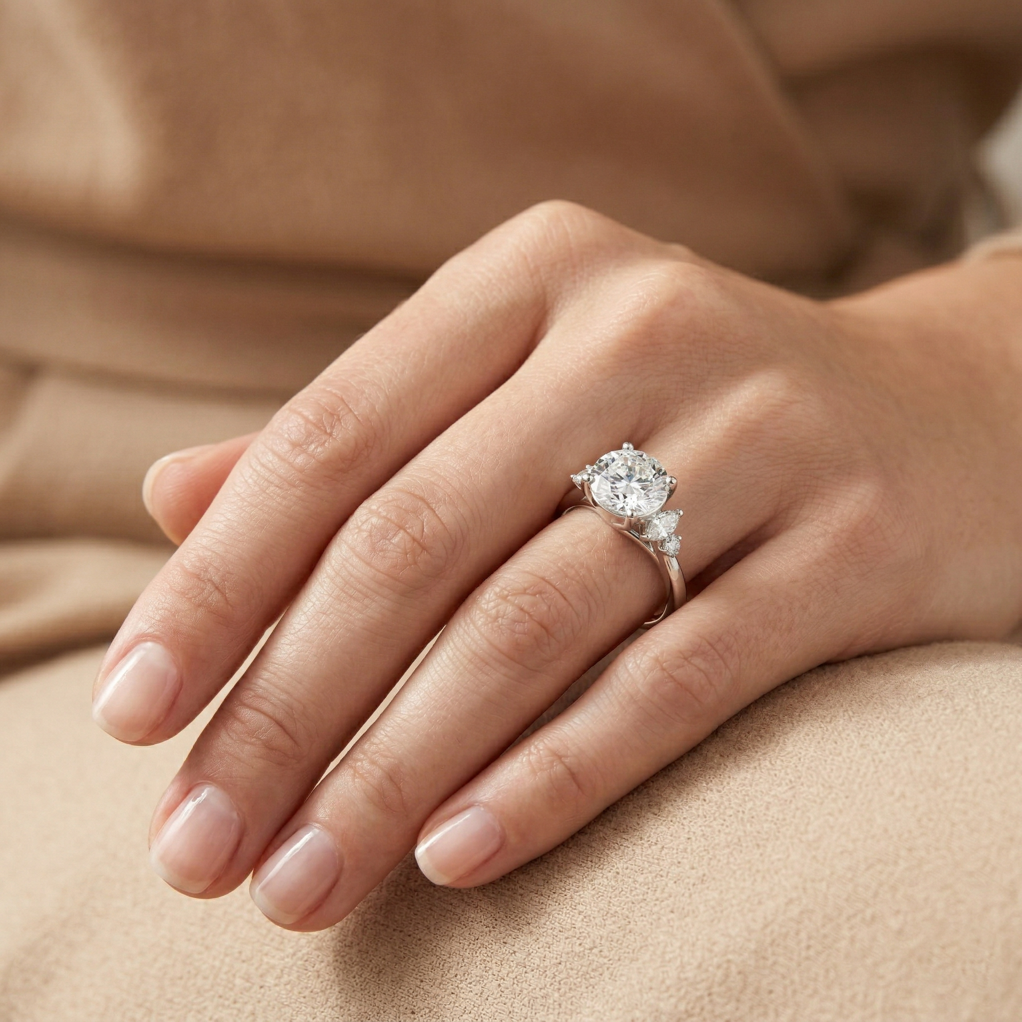 Round Solitaire Four Prong Diamond Setting Engagement Ring with Side Stone
