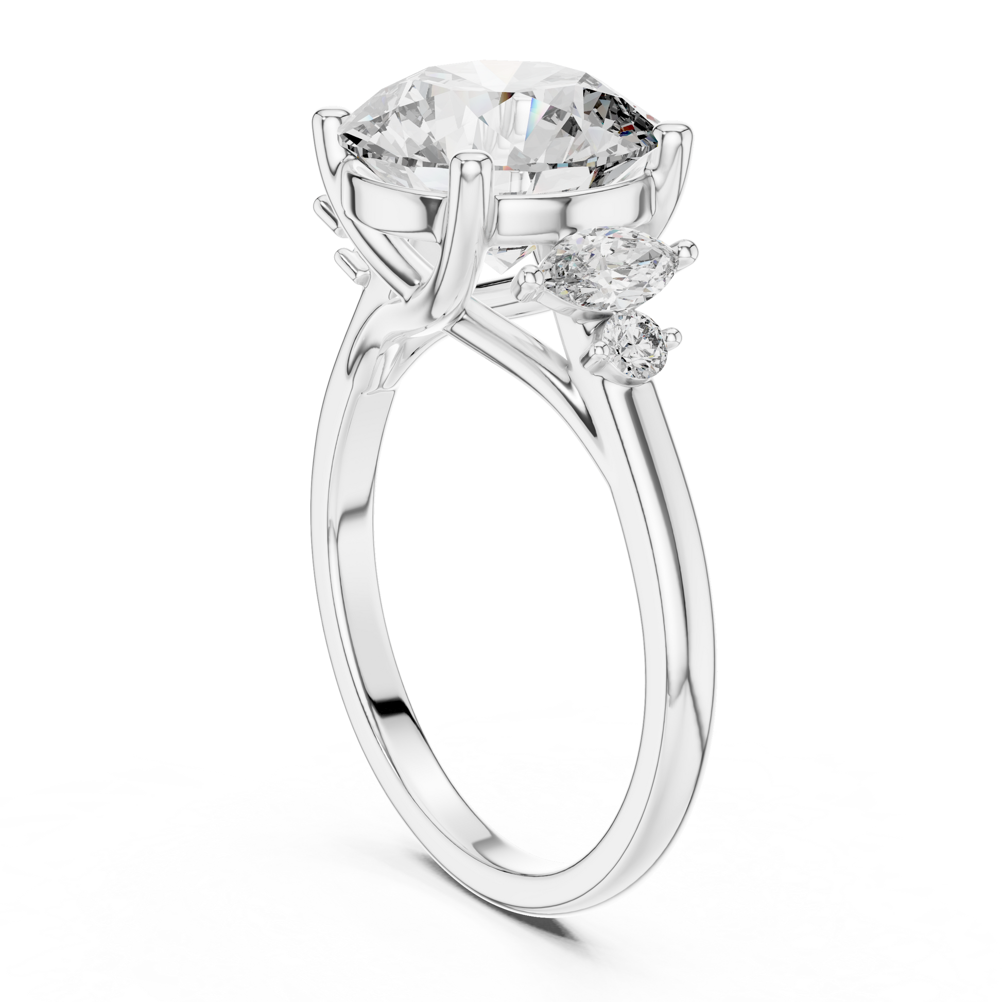 Round Solitaire Four Prong Diamond Setting Engagement Ring with Side Stone