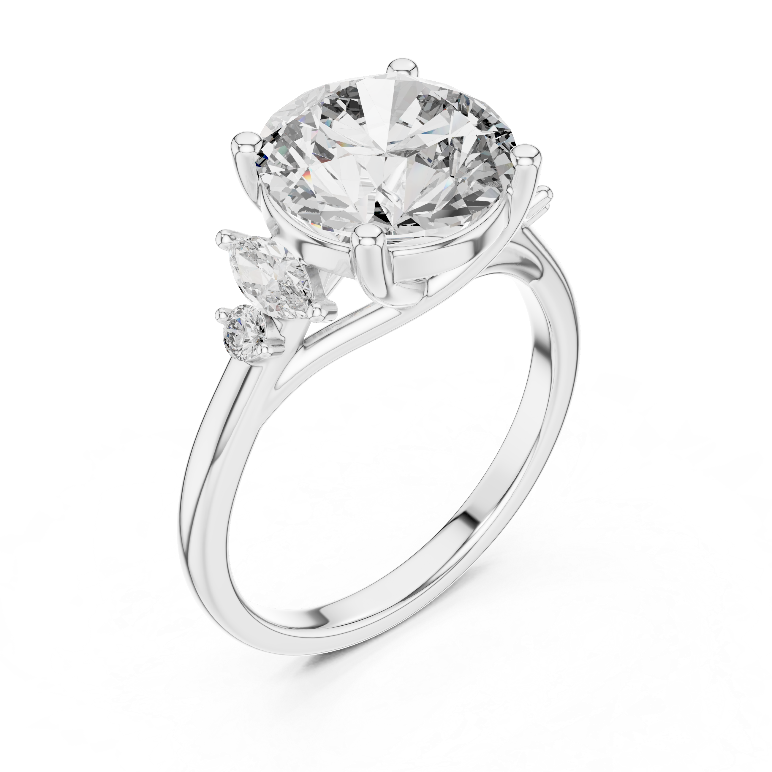 Round Solitaire Four Prong Diamond Setting Engagement Ring with Side Stone