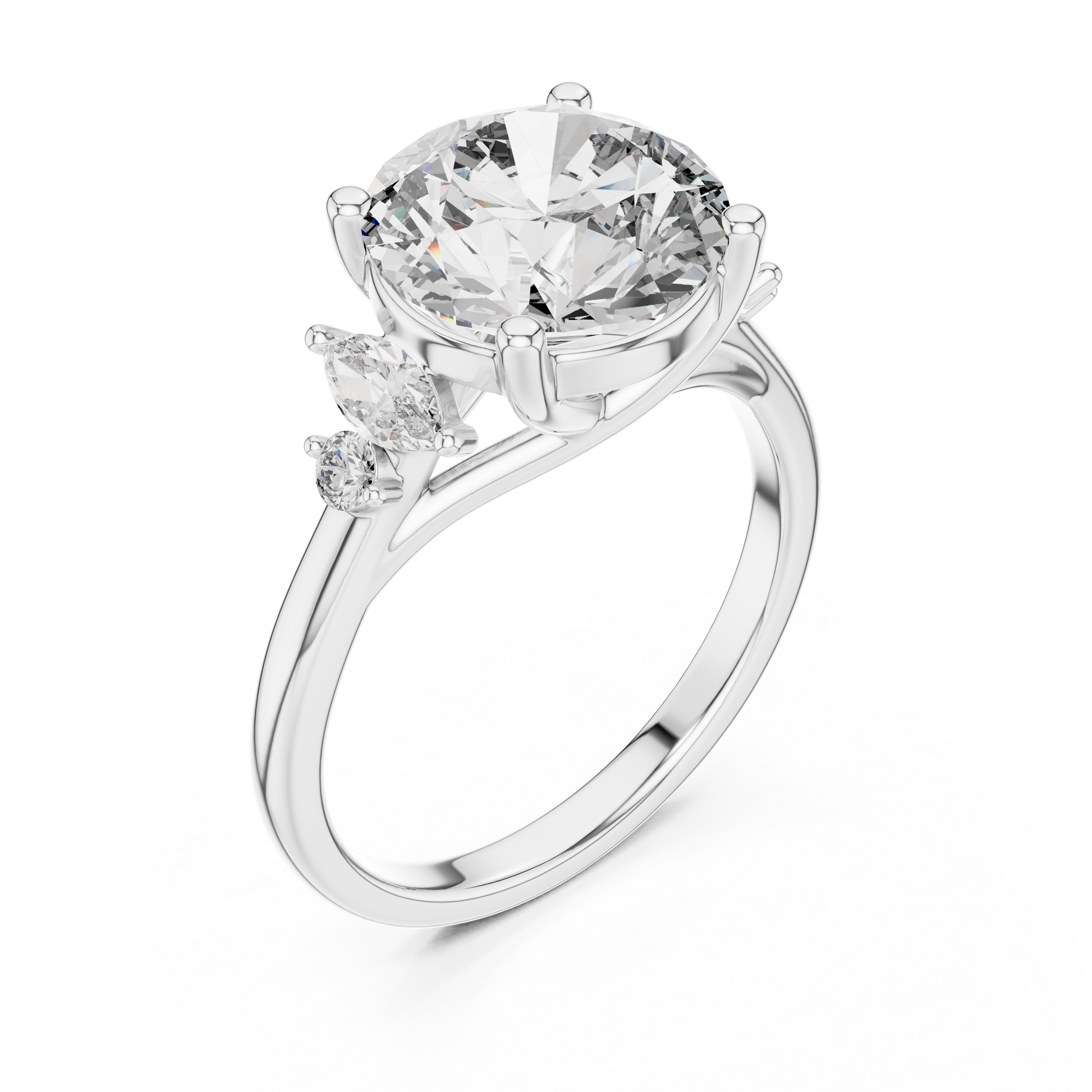 Round Solitaire Four Prong Diamond Setting Engagement Ring with Side Stone