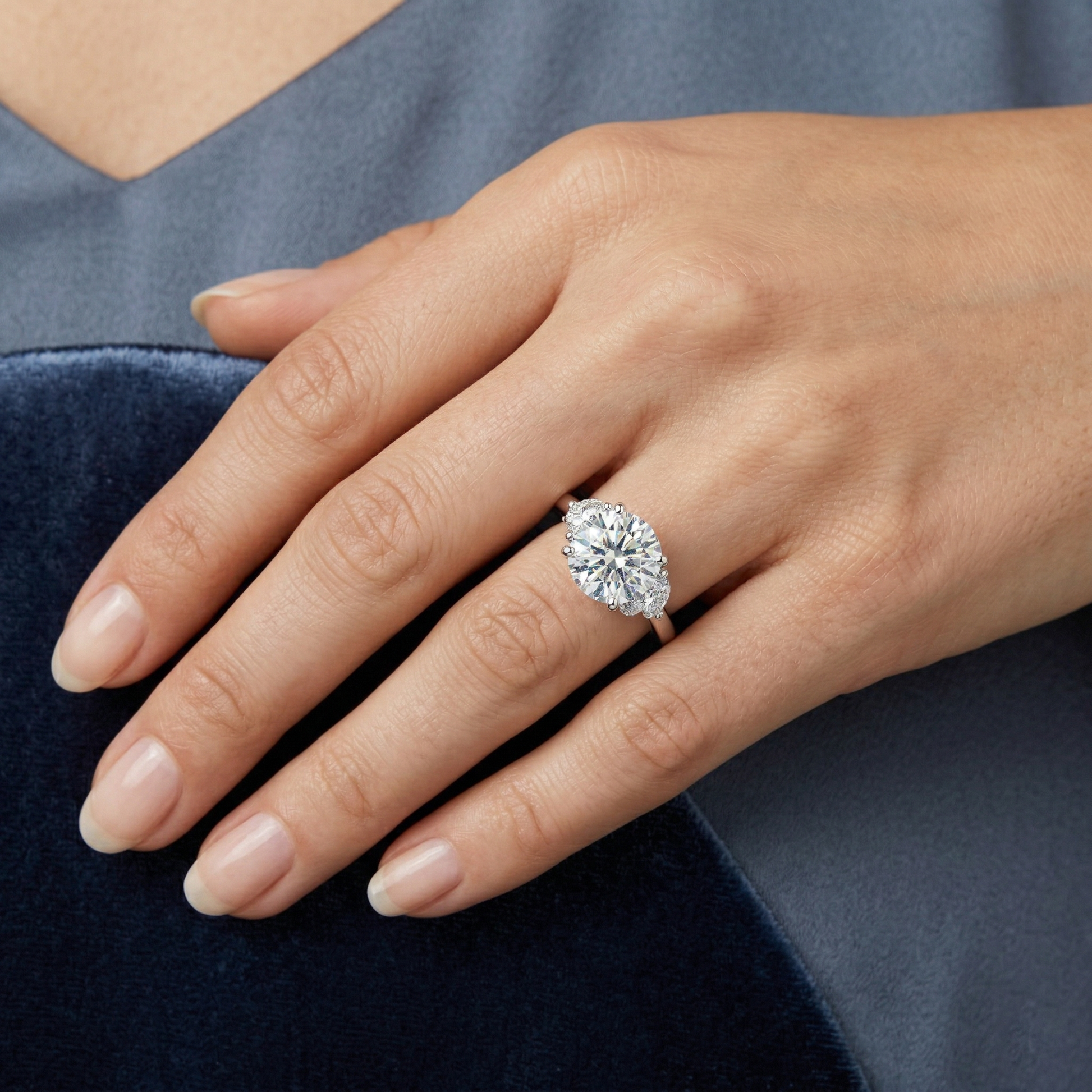 Central Round Cut Moissanite Sterling Silver Engagement Ring with Side Stone