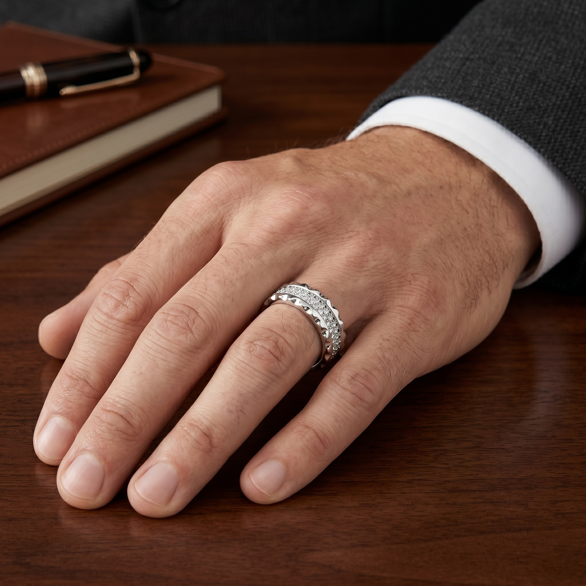 Bold Crater Edge Pavé Diamond Wide Eternity Band – Statement Wedding & Anniversary Ring