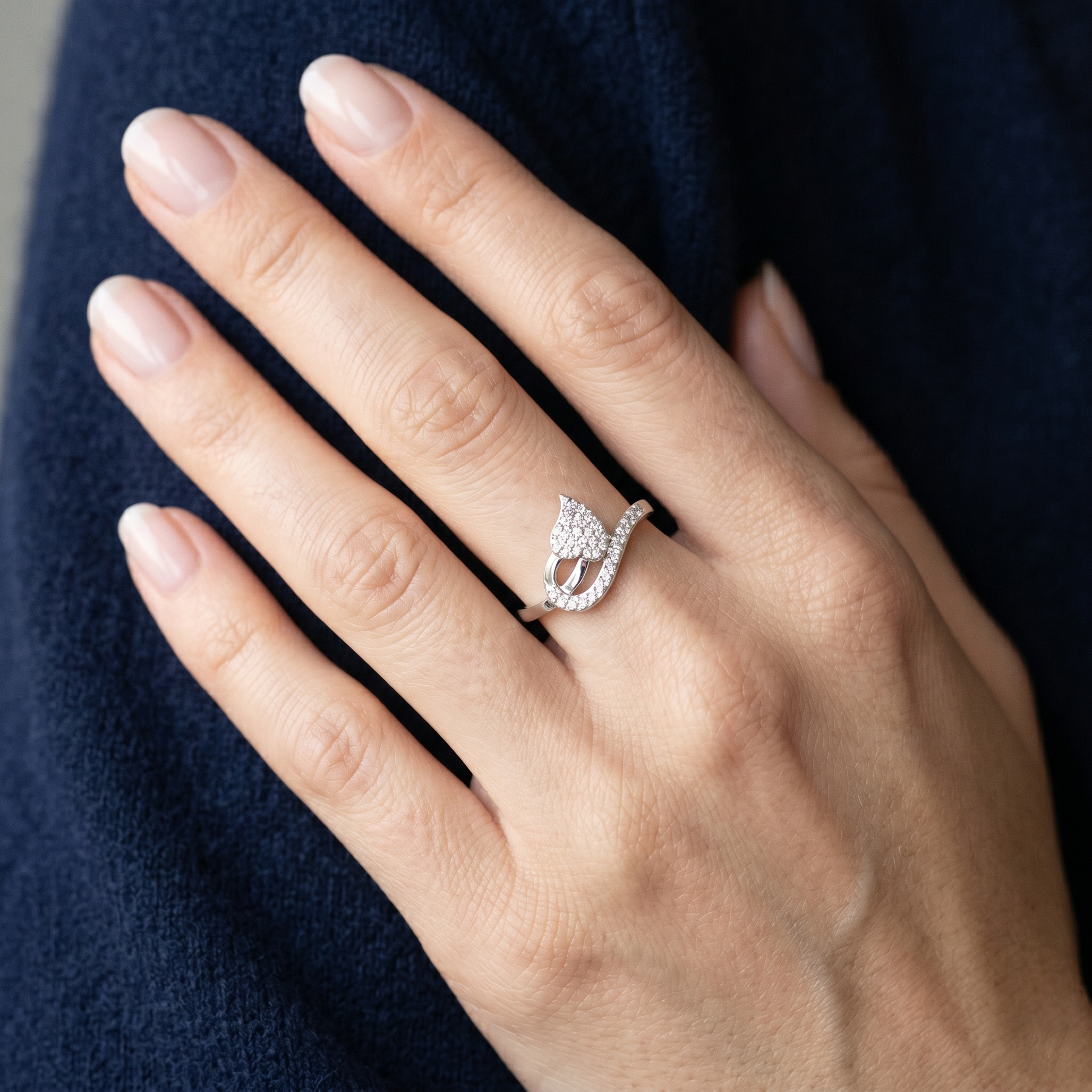 Split Leaf Asymmetrical Wave-Like Bypass Fashion Ring with Pavé Set Moissanites