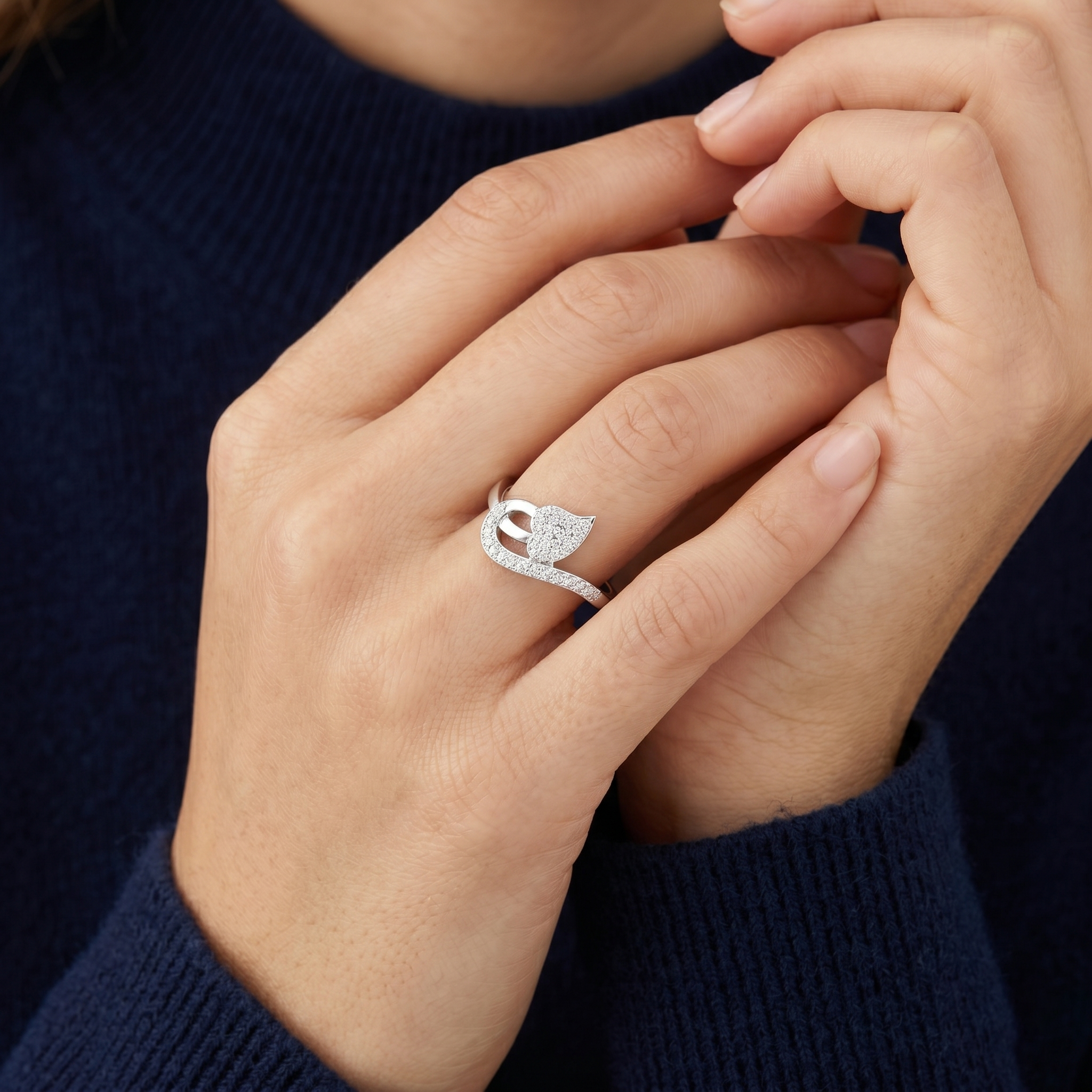 Split Leaf Asymmetrical Wave-Like Bypass Fashion Ring with Pavé Set Moissanites