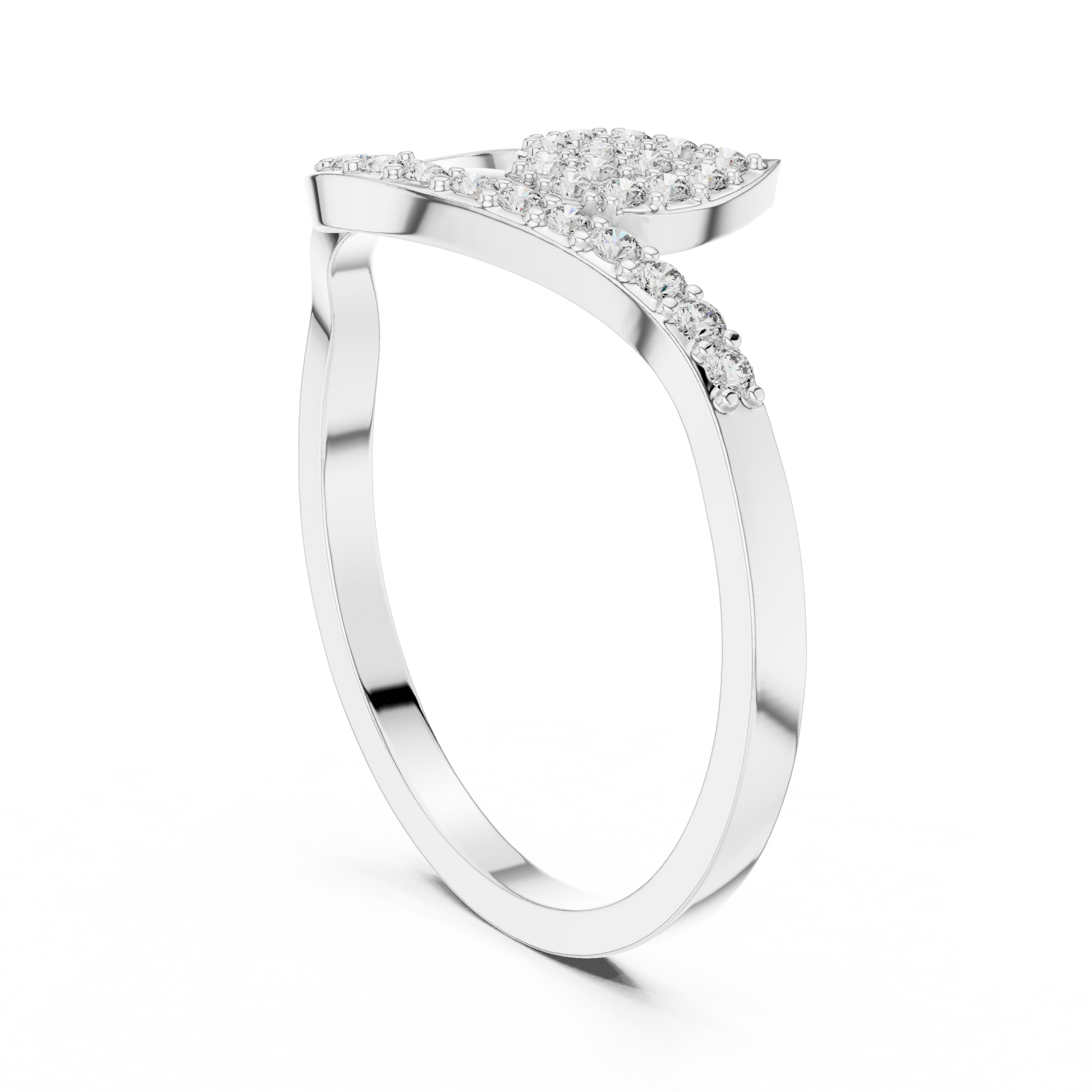 Split Leaf Asymmetrical Wave-Like Bypass Fashion Ring with Pavé Set Moissanites