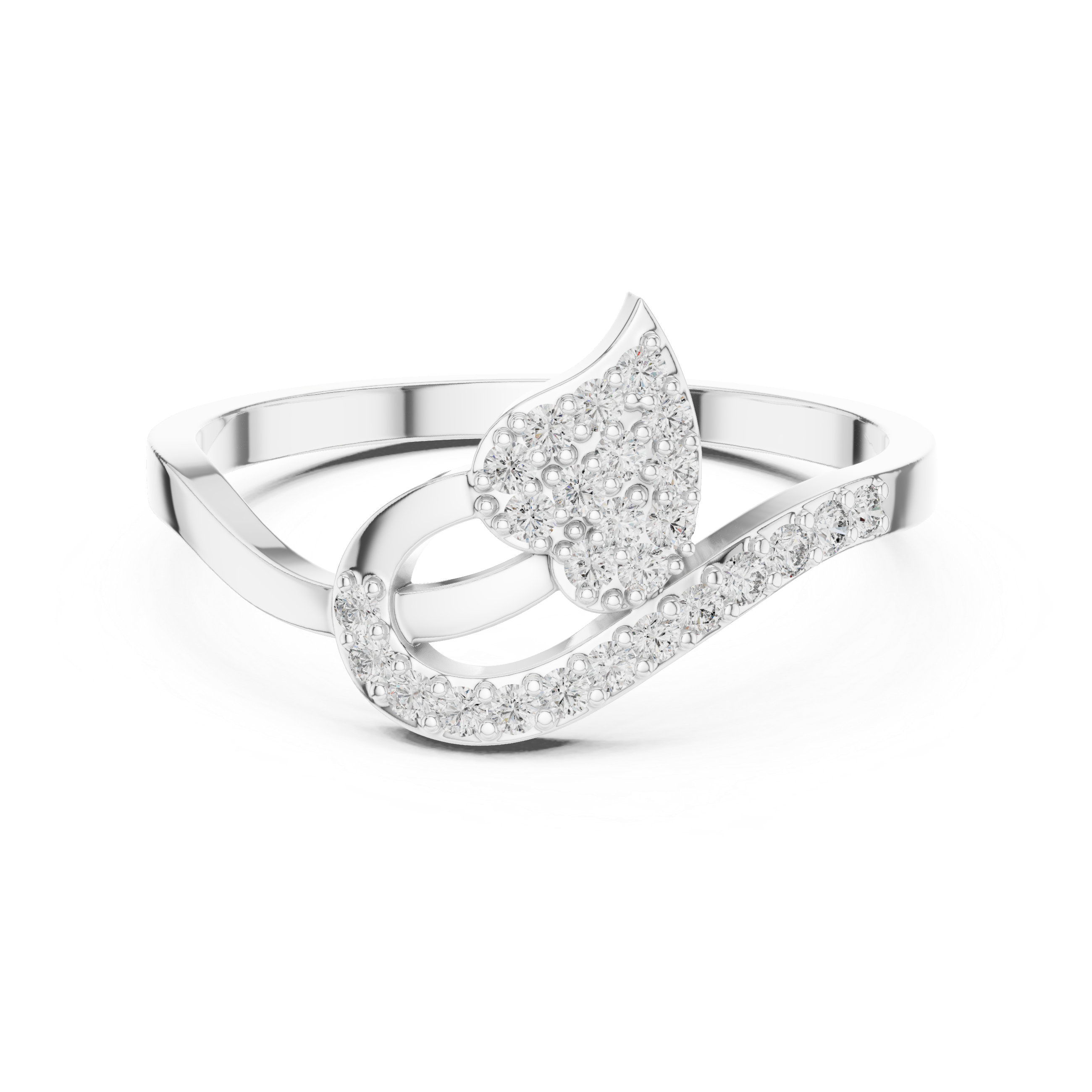 Split Leaf Asymmetrical Wave-Like Bypass Fashion Ring with Pavé Set Moissanites