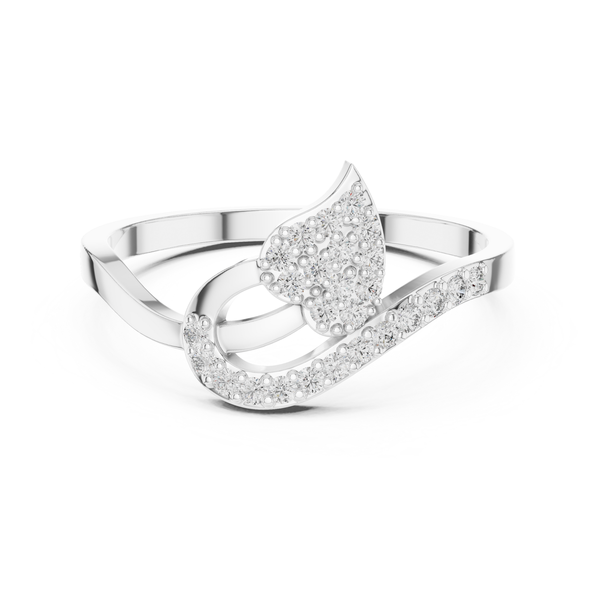 Split Leaf Asymmetrical Wave-Like Bypass Fashion Ring with Pavé Set Moissanites