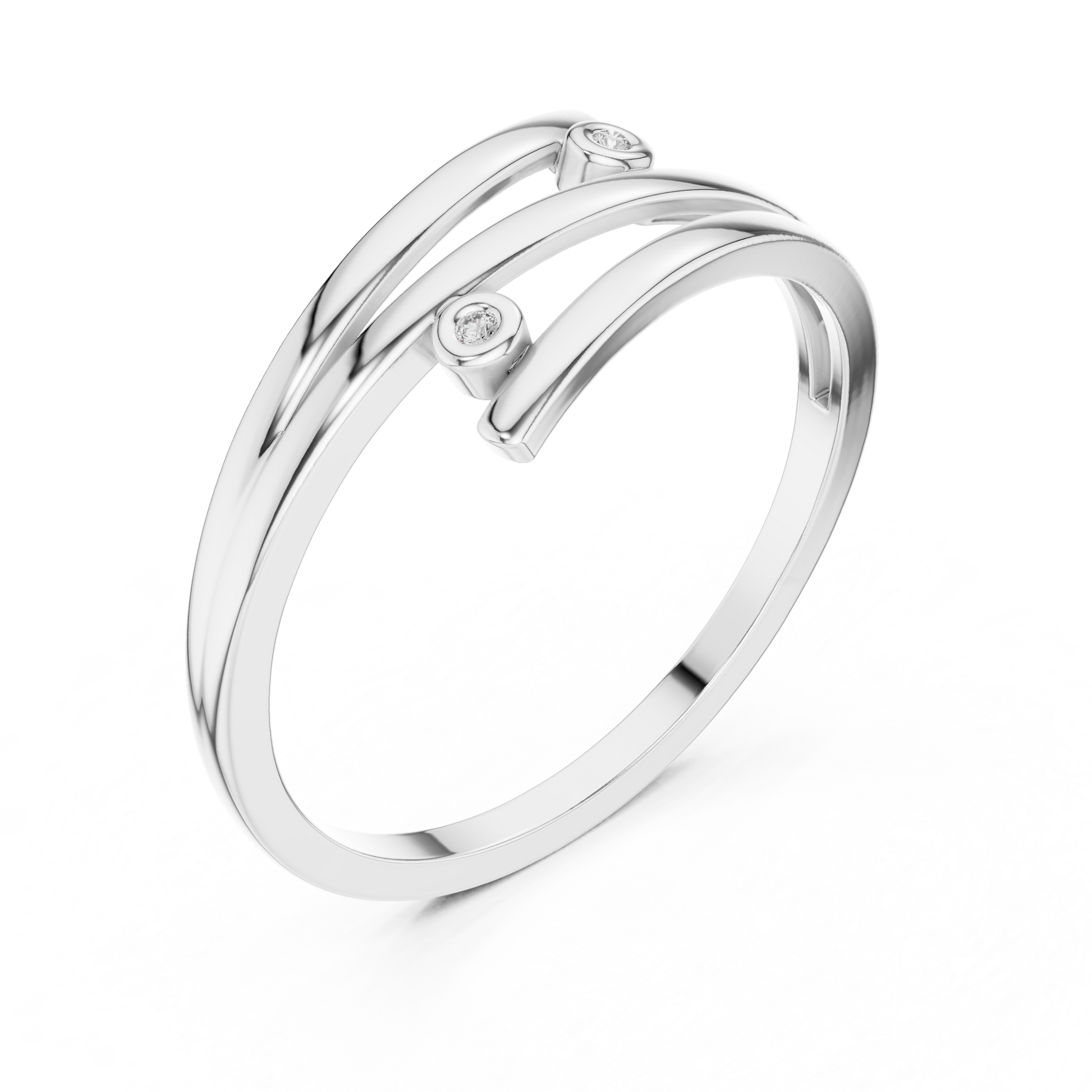 Minimalist Spiral Silver Ring with Open-Wrap Design and Bezel-Set Moissanites