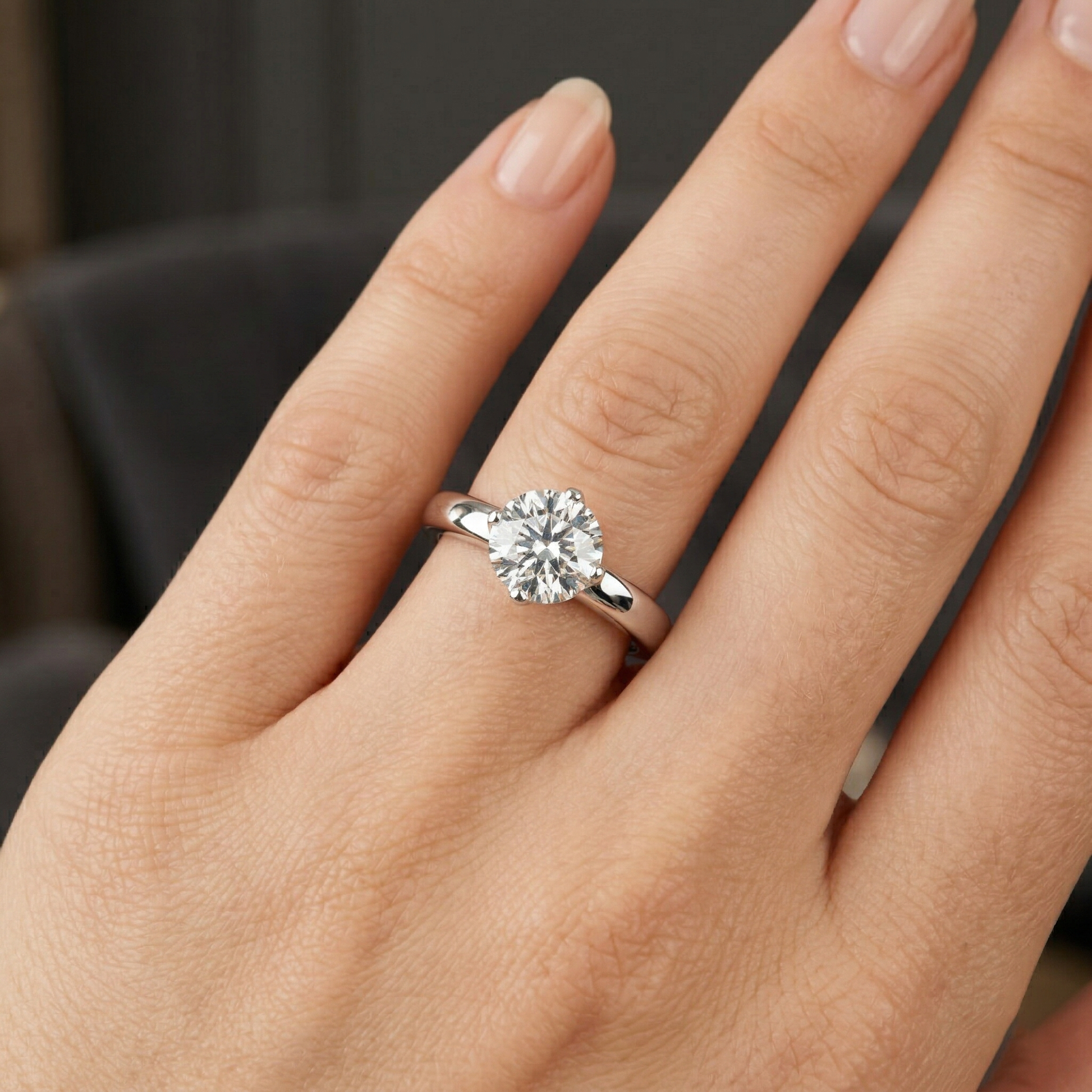 Elegant Four Prong Moissanite Solitaire Round Cut Sterling Silver Engagement Ring