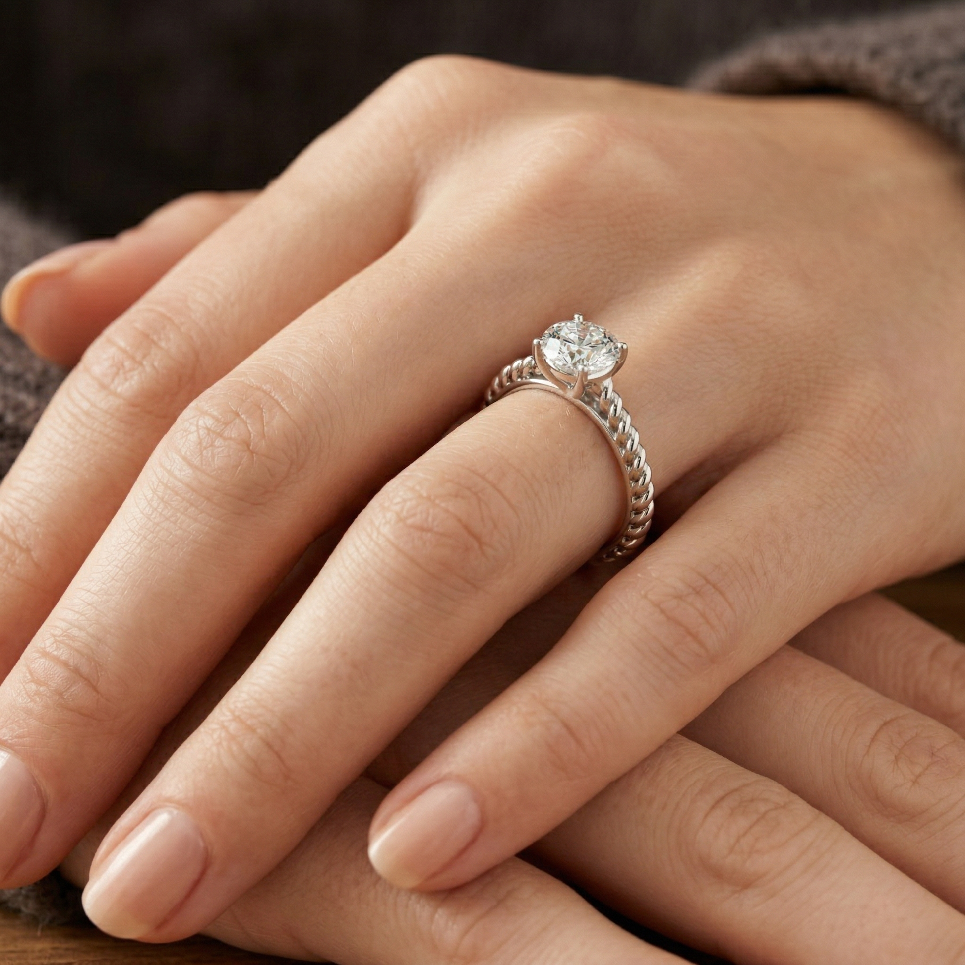 Twisted Rope Round Solitaire Moissanite Sterling Silver Engagement Ring