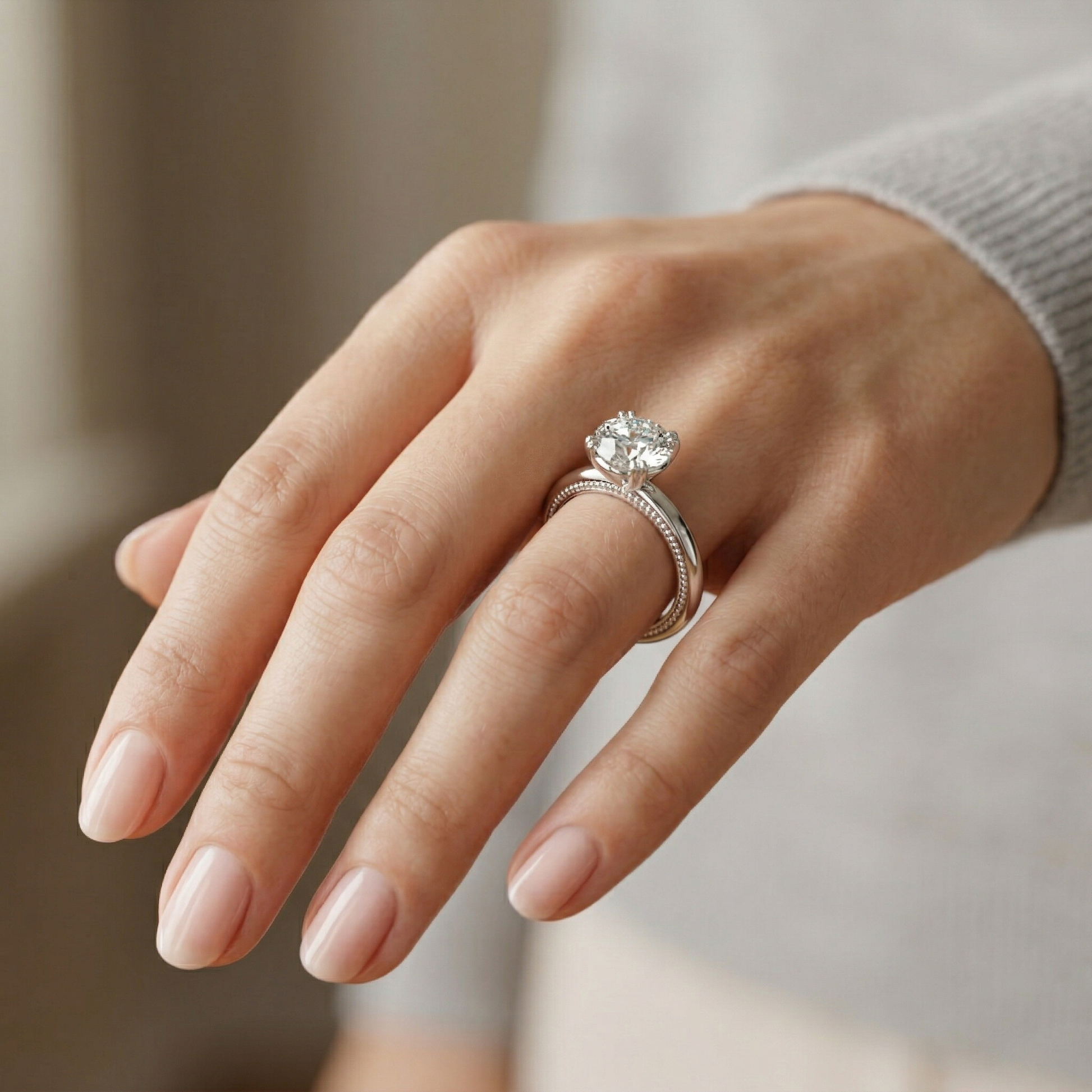 Double Prong Setting Solitaire Round Moissanite Sterling Silver Engagement Ring