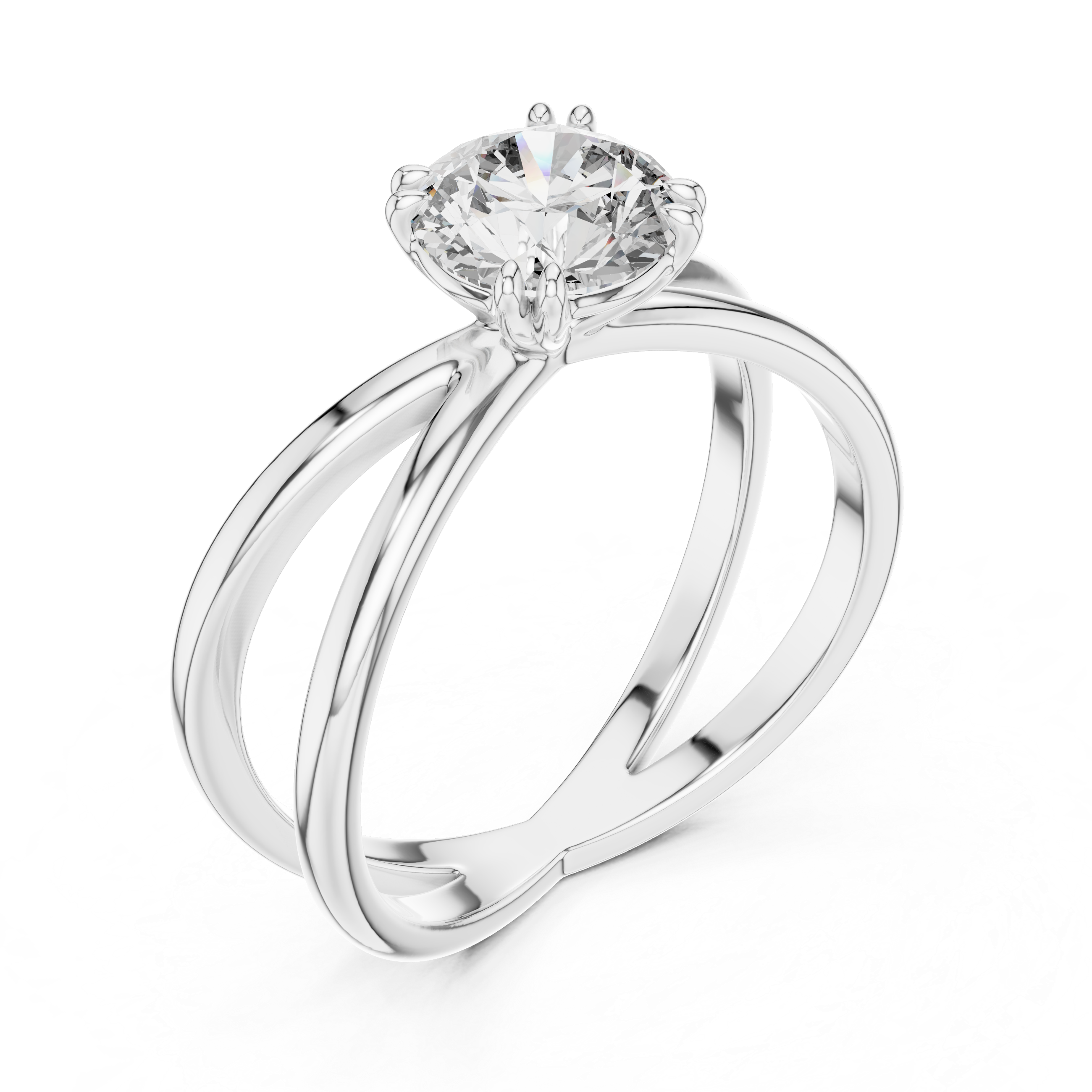 Round Moissanite Split Double Band Solitaire Engagement Ring in Sterling Silver