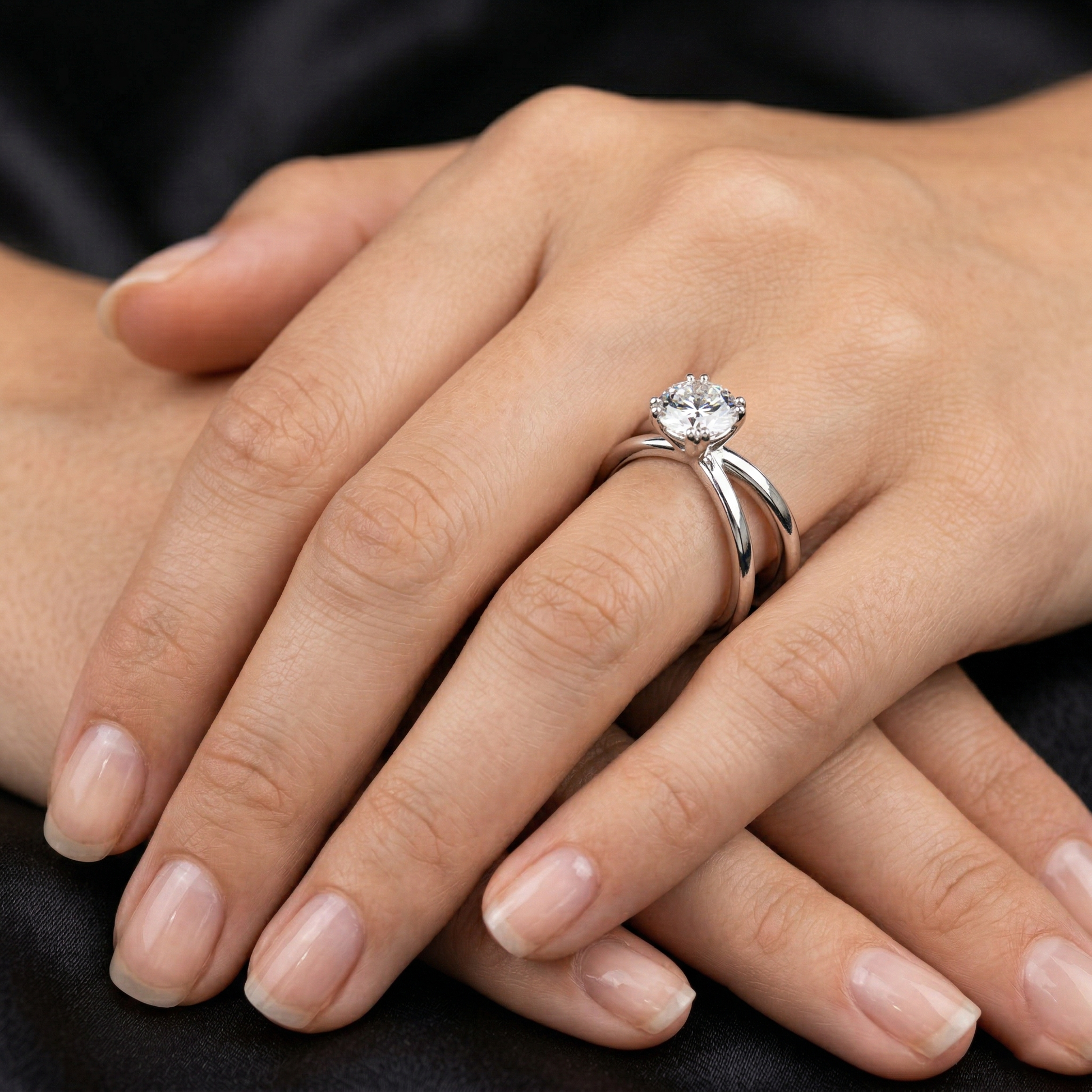 Round Moissanite Split Double Band Solitaire Engagement Ring in Sterling Silver