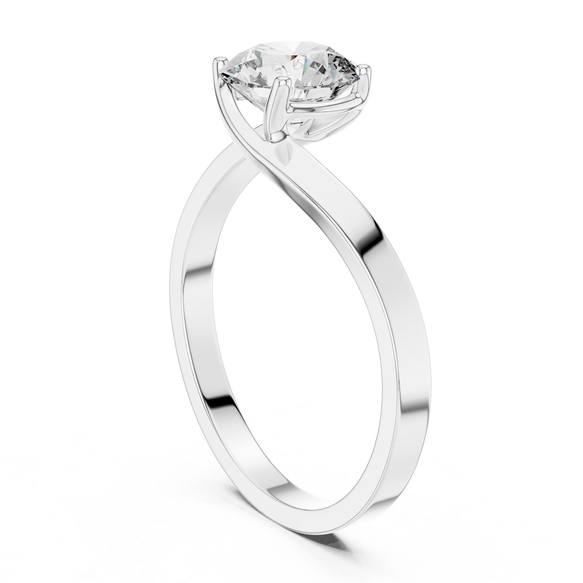 Round Moissanite Silver Solitaire Engagement Ring with a Swirl Band Design
