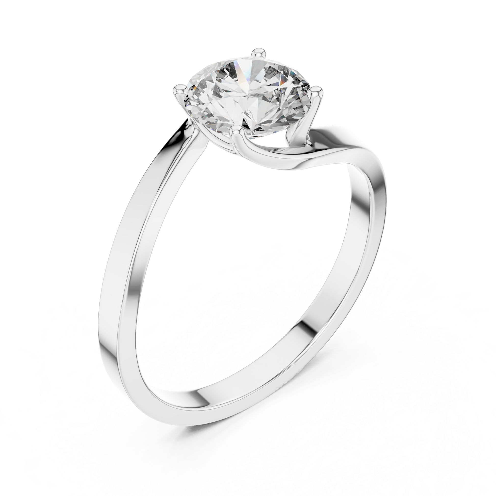 Round Moissanite Silver Solitaire Engagement Ring with a Swirl Band Design