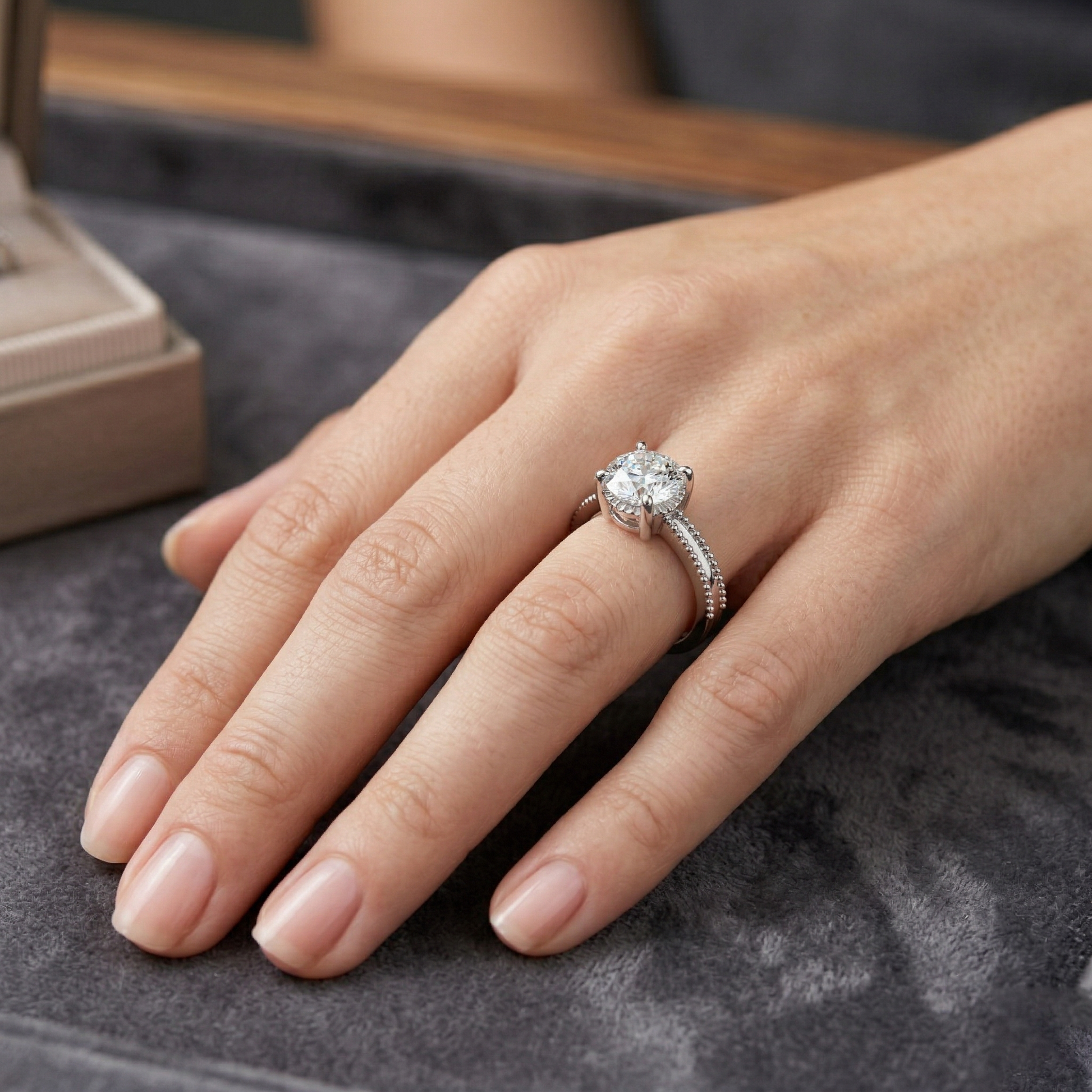 Four-prong Setting Round Cut Moissanite Silver Solitaire Engagement Ring