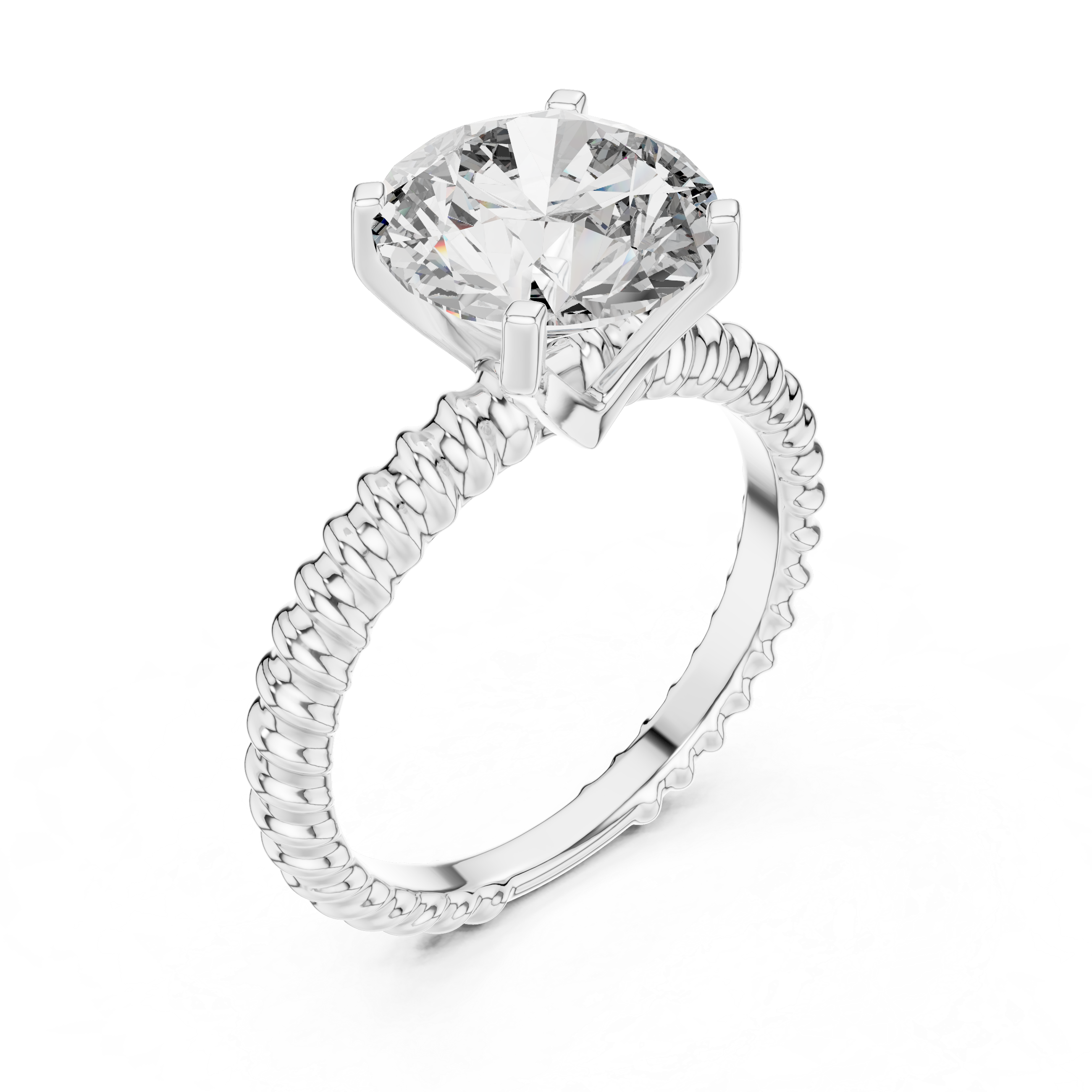 Silver Round-cut Solitaire Moissanite Diamond Set in a Band with a Braided Texture