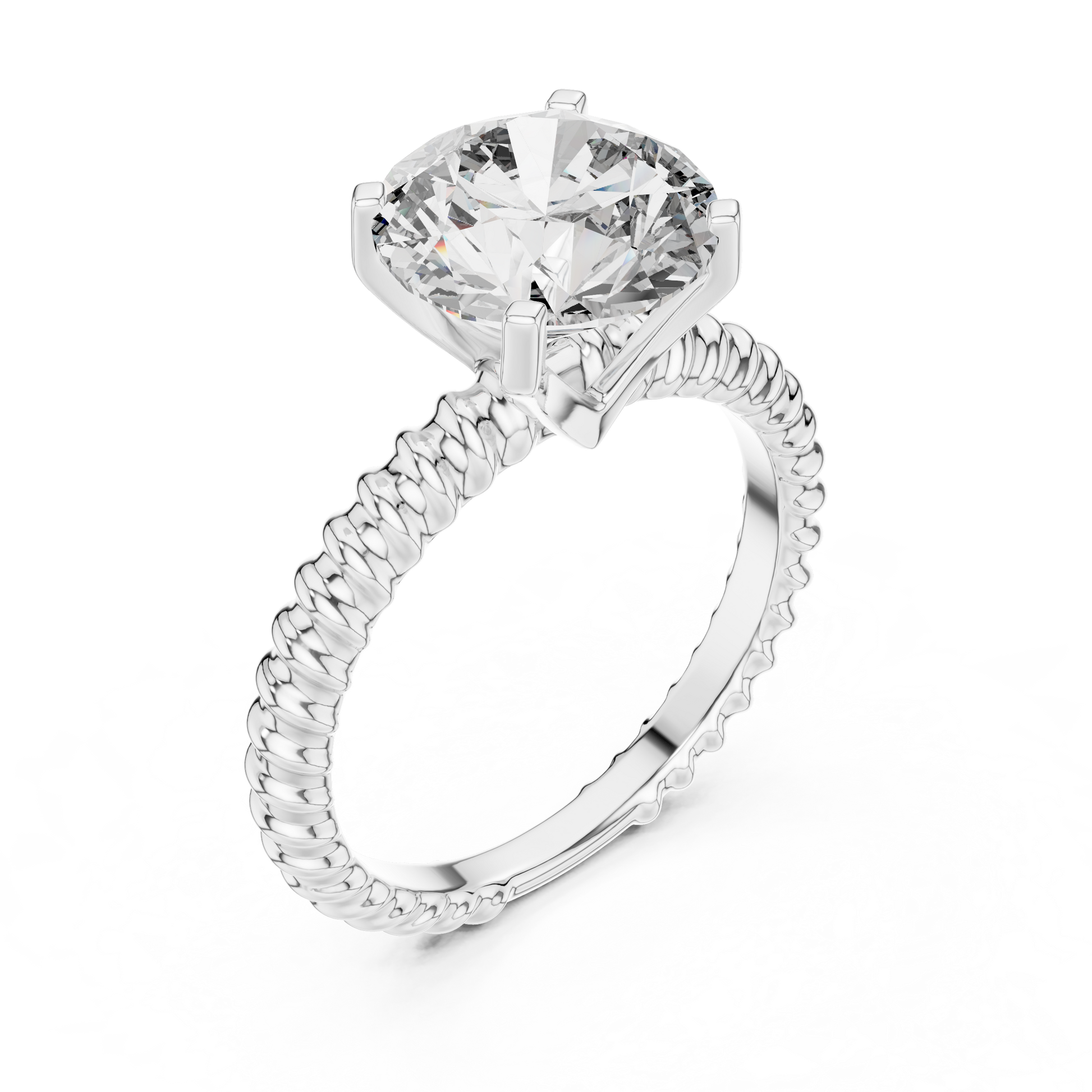 Silver Round-cut Solitaire Moissanite Diamond Set in a Band with a Braided Texture