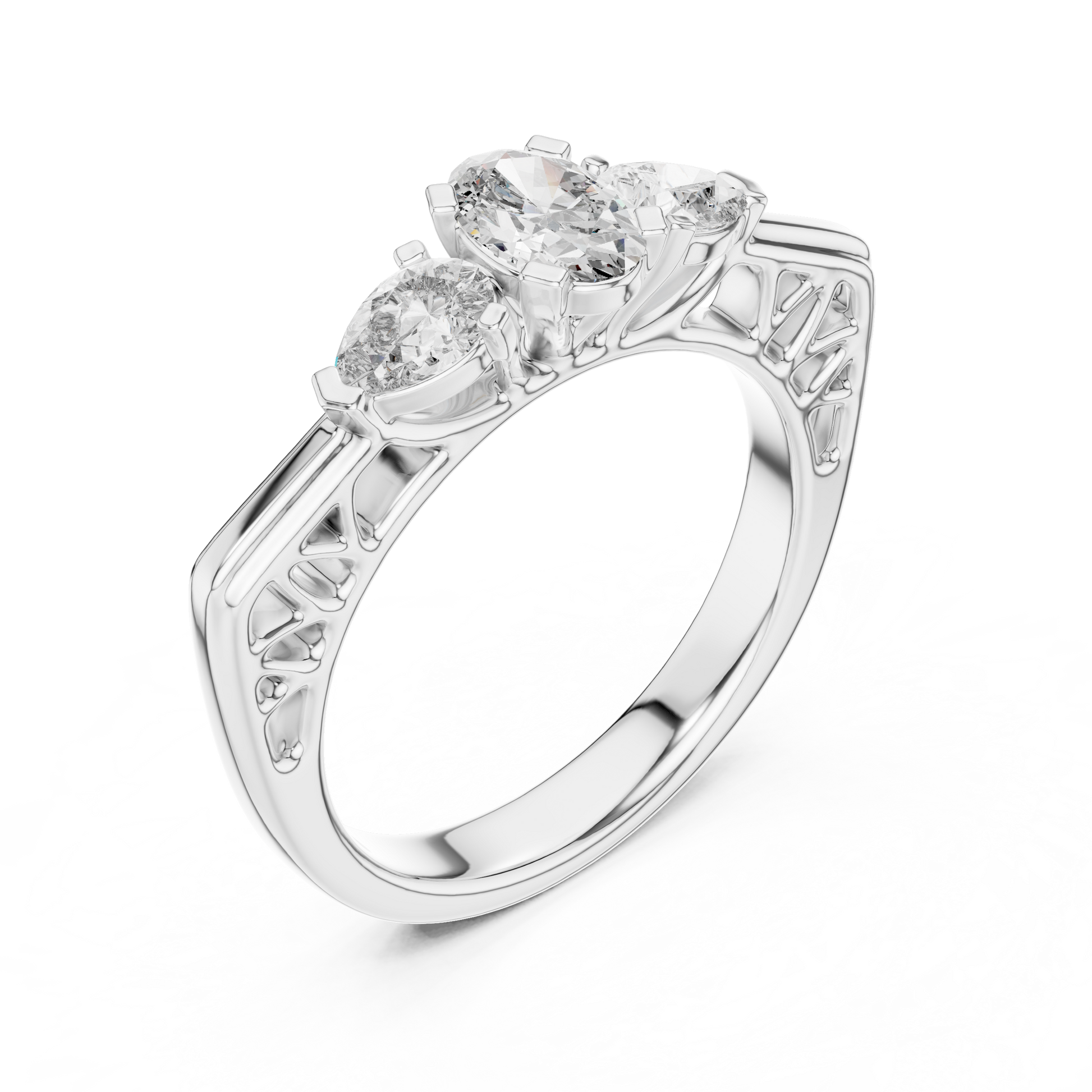 Oval & Pear Cut Three-stone Moissanite Vintage Engagement Ring in Silver