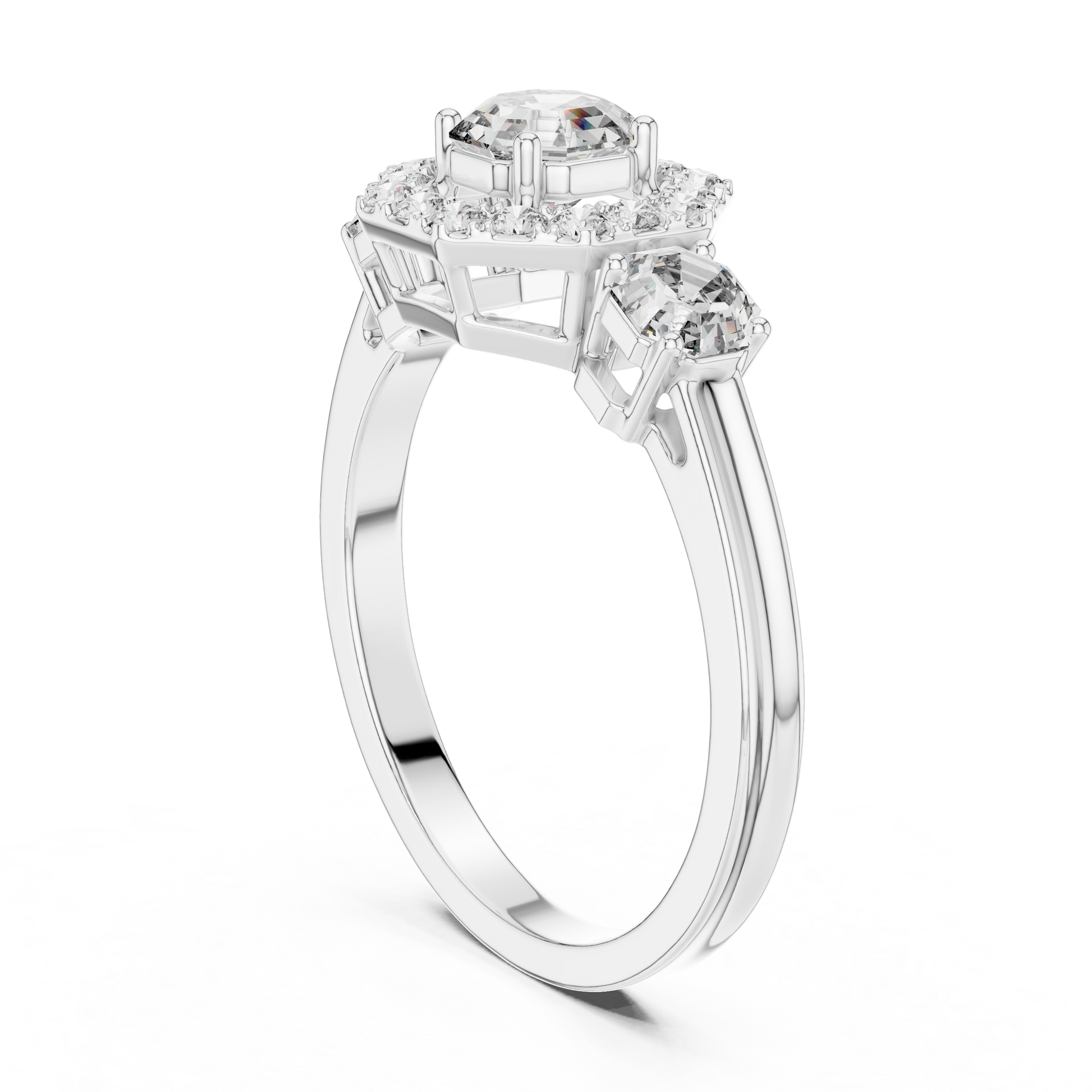 Octagon Asscher Cut Three-stone Halo Moissanite Silver Engagement Ring