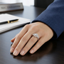 Octagon Asscher Cut Three-stone Halo Moissanite Silver Engagement Ring