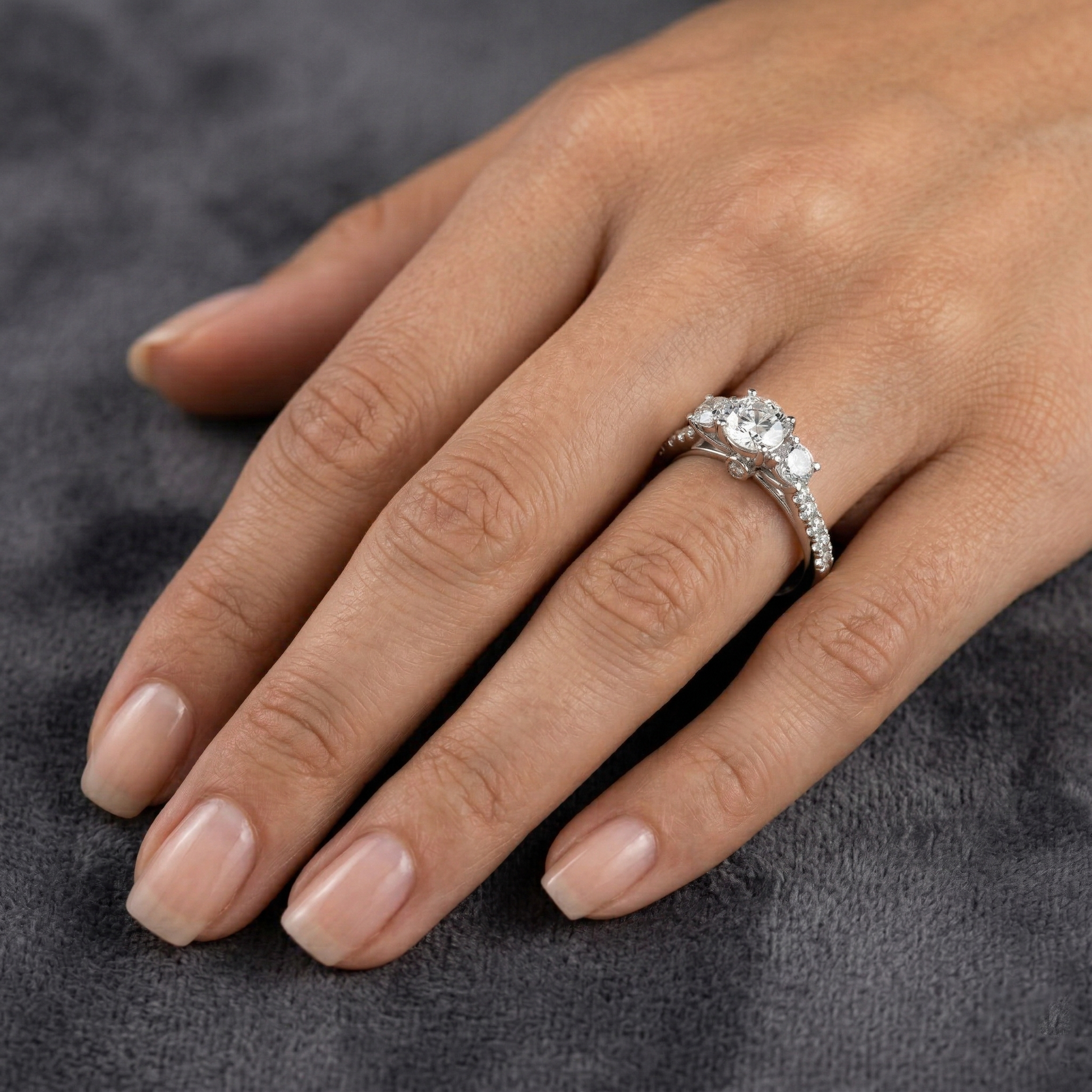 Central Round Cut Trilogy Halo Moissanite Sterling Silver Engagement Ring