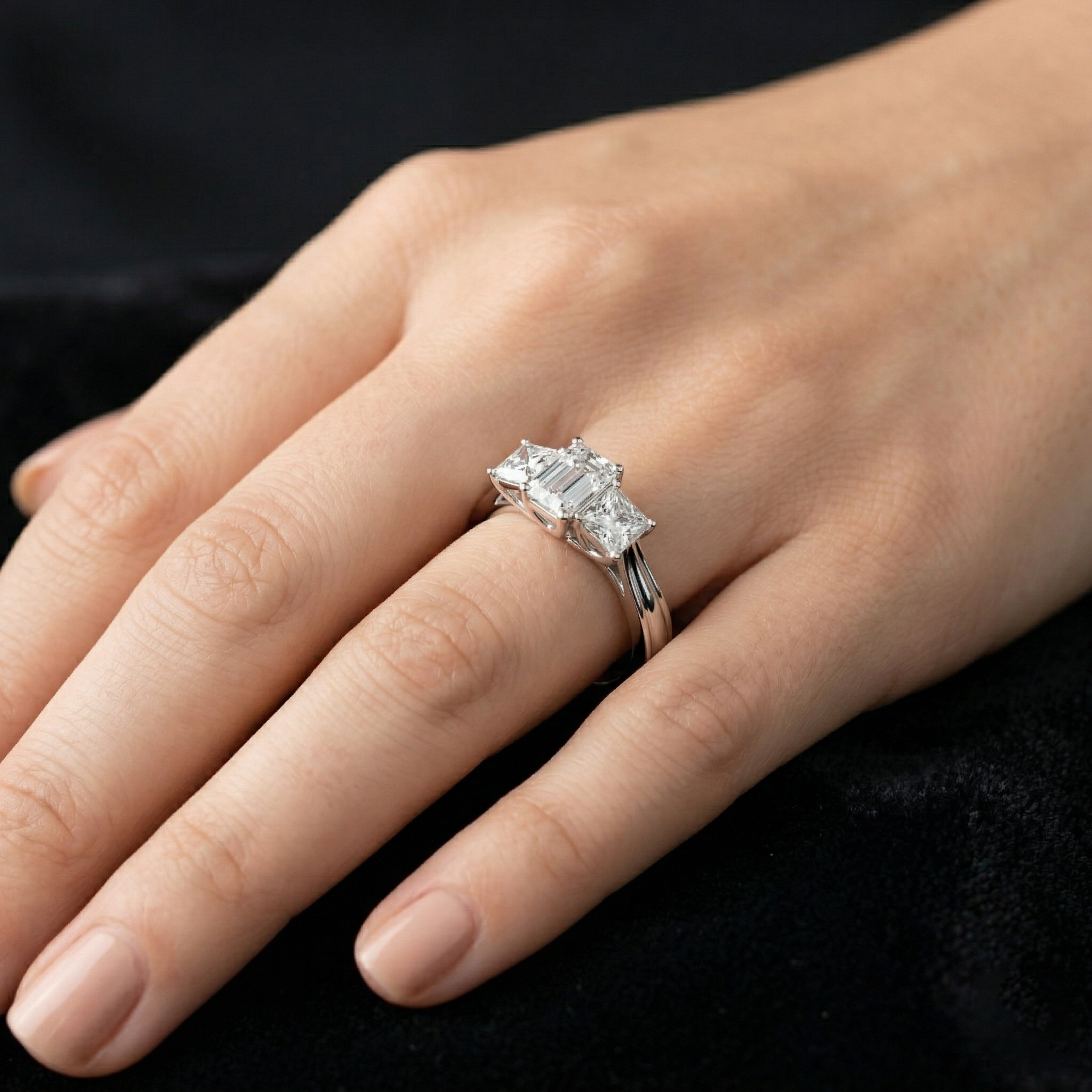 Emerald and Princess Cut Moissanite Trilogy Engagement Ring in Sterling Silver