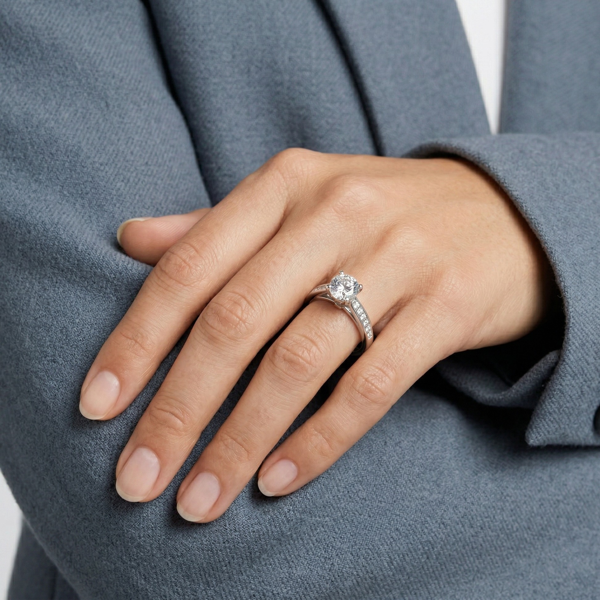 Central Round Cut Moissanite Solitaire Sterling Silver Ring for Women