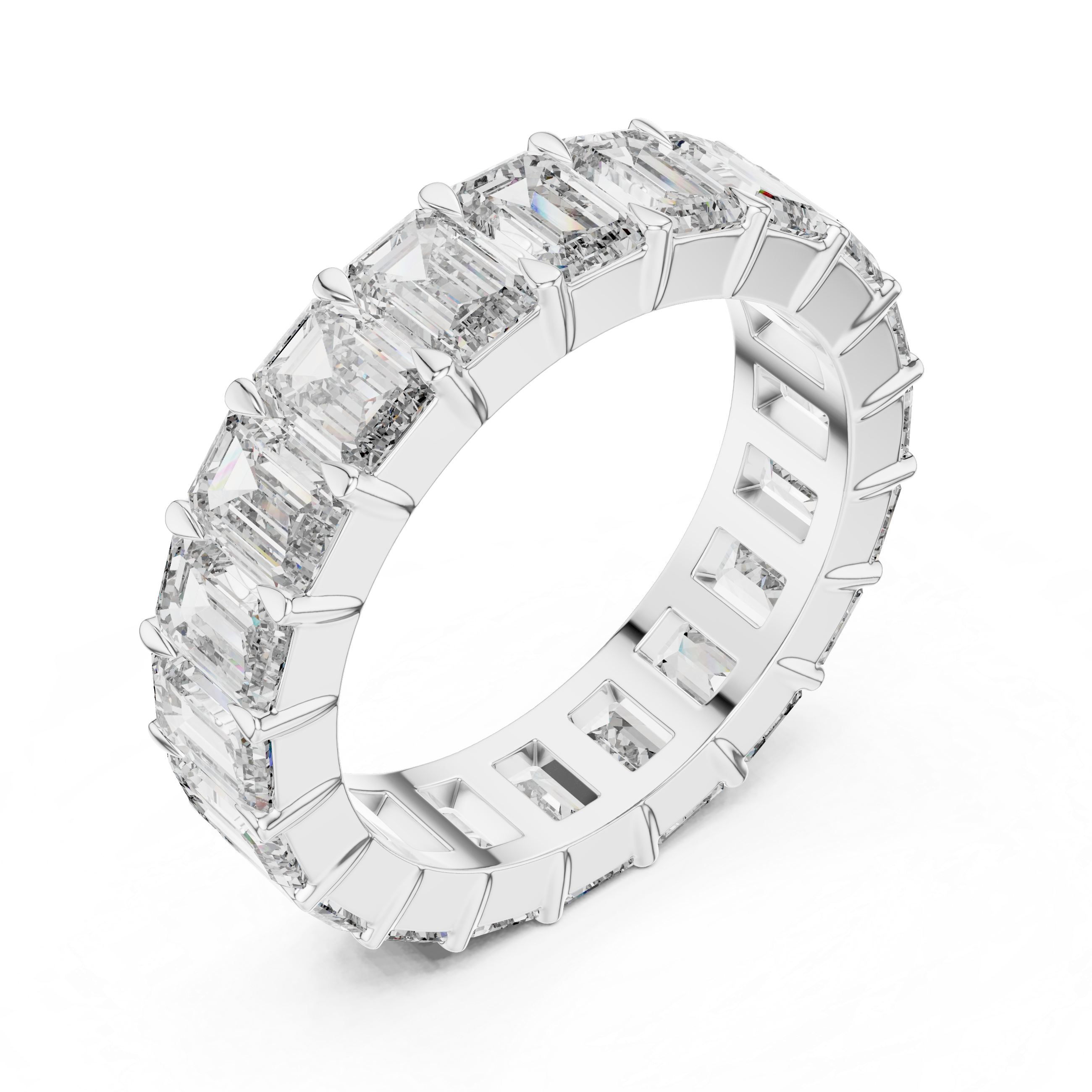 Sterling Silver Moissanite Emerald Cut Diamond Eternity Wedding Band