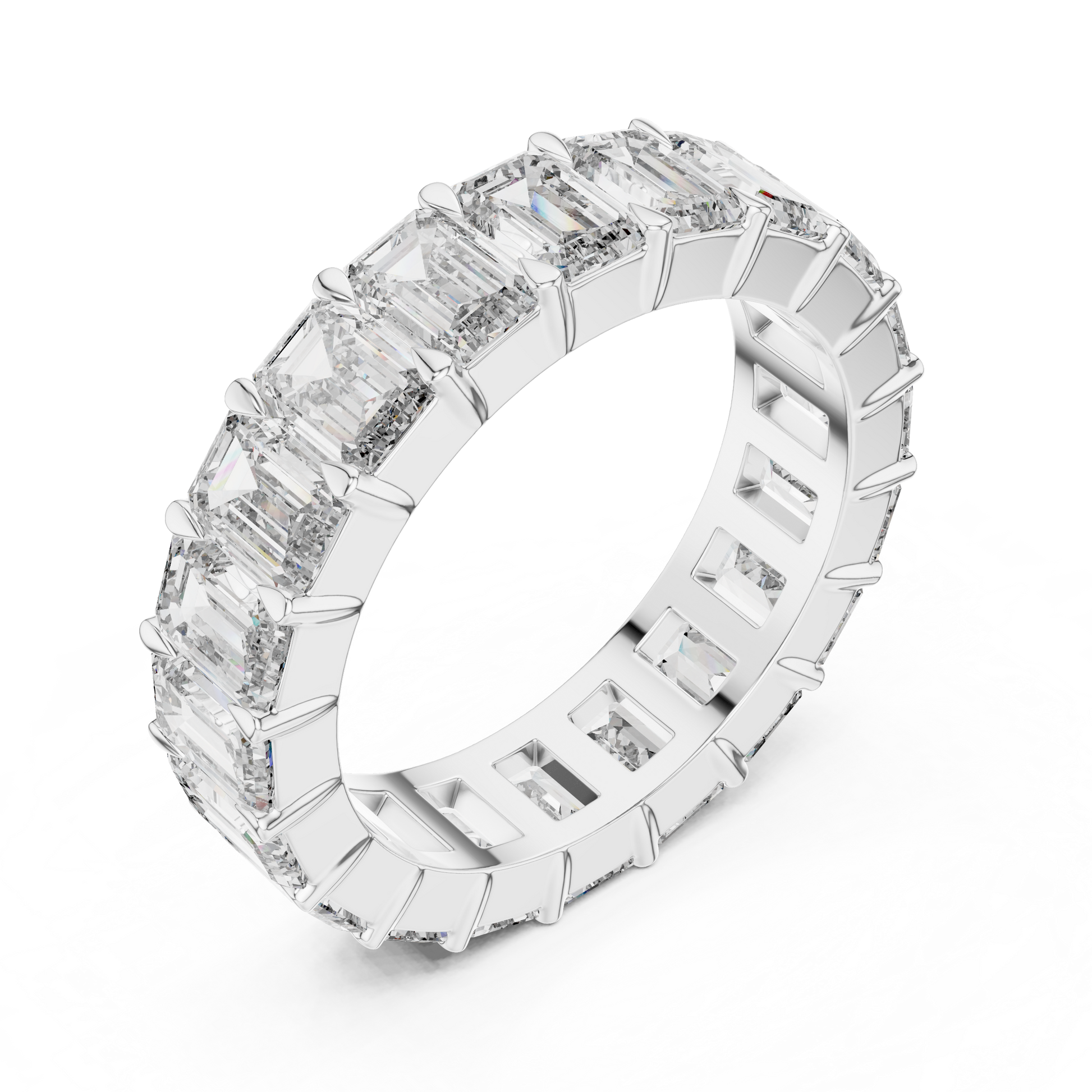 Sterling Silver Moissanite Emerald Cut Diamond Eternity Wedding Band
