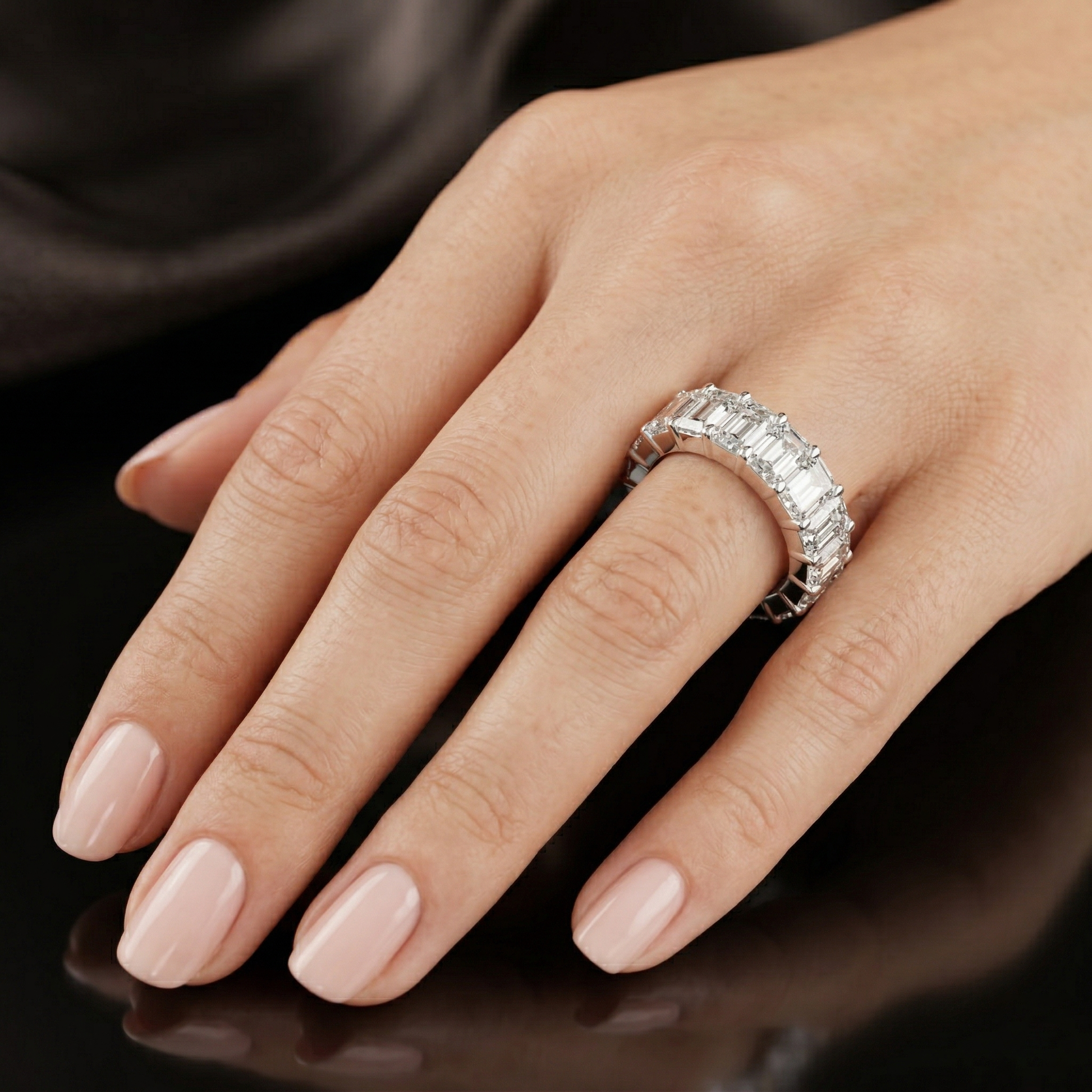 Sterling Silver Moissanite Emerald Cut Diamond Eternity Wedding Band