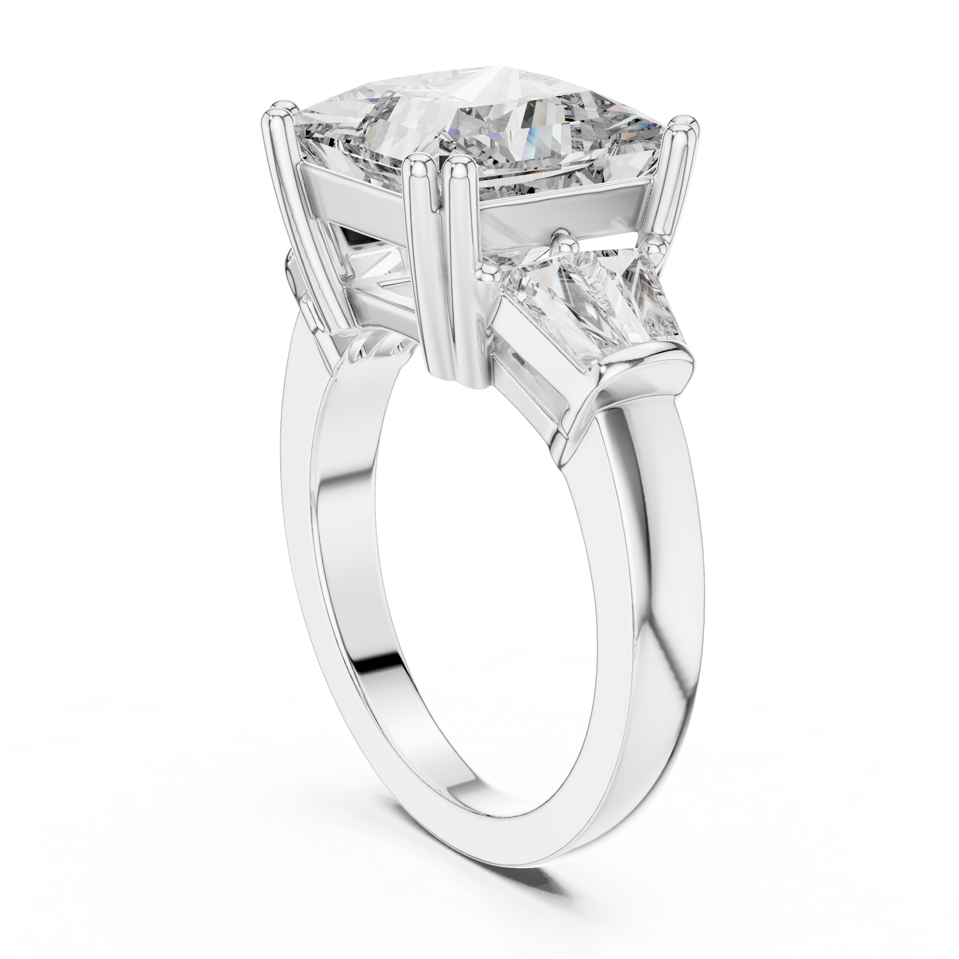 Princess Cut Center Moissanite Engagement Ring with Baguette Side Stone in Sterling Silver