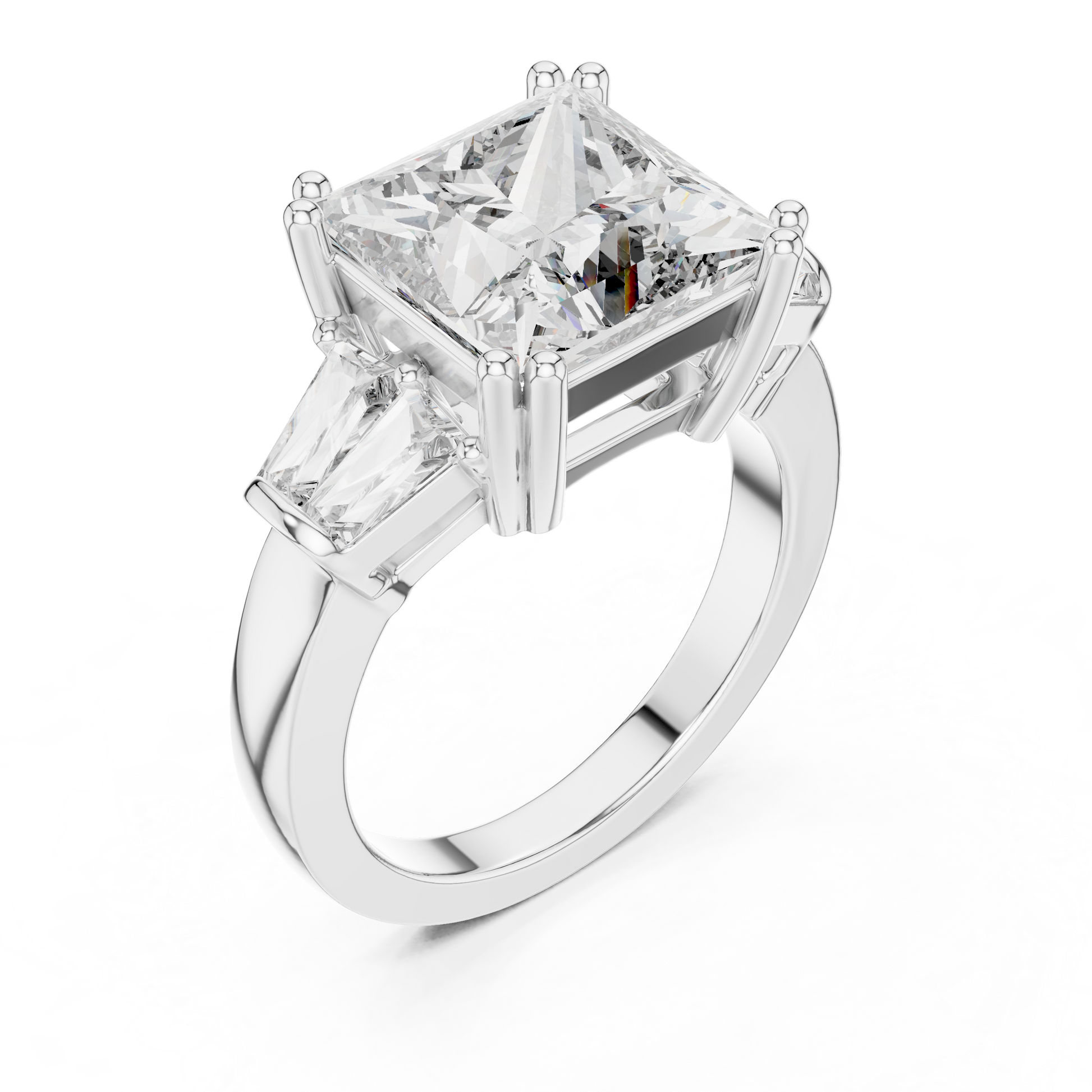 Princess Cut Center Moissanite Engagement Ring with Baguette Side Stone in Sterling Silver