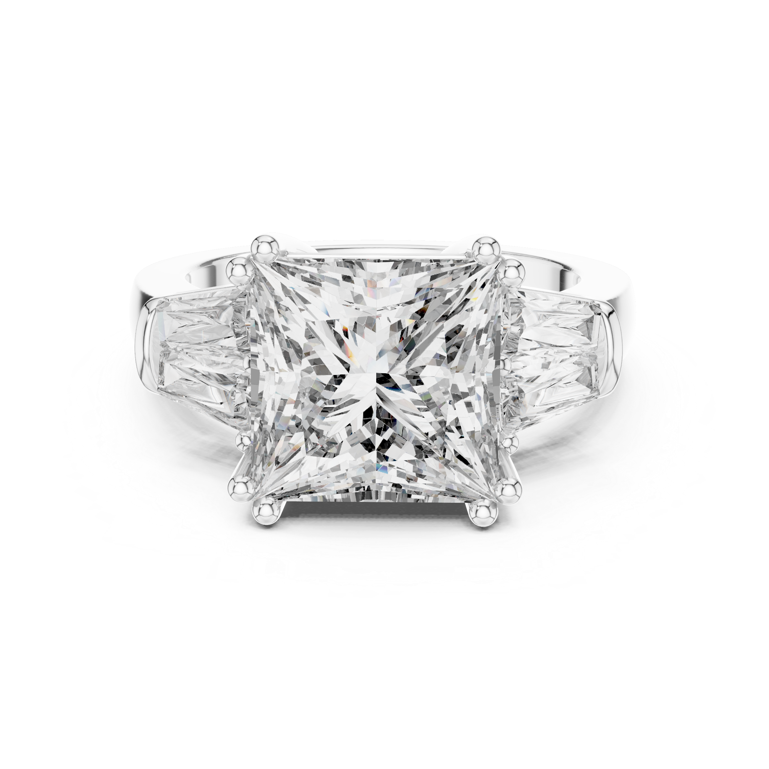 Princess Cut Center Moissanite Engagement Ring with Baguette Side Stone in Sterling Silver