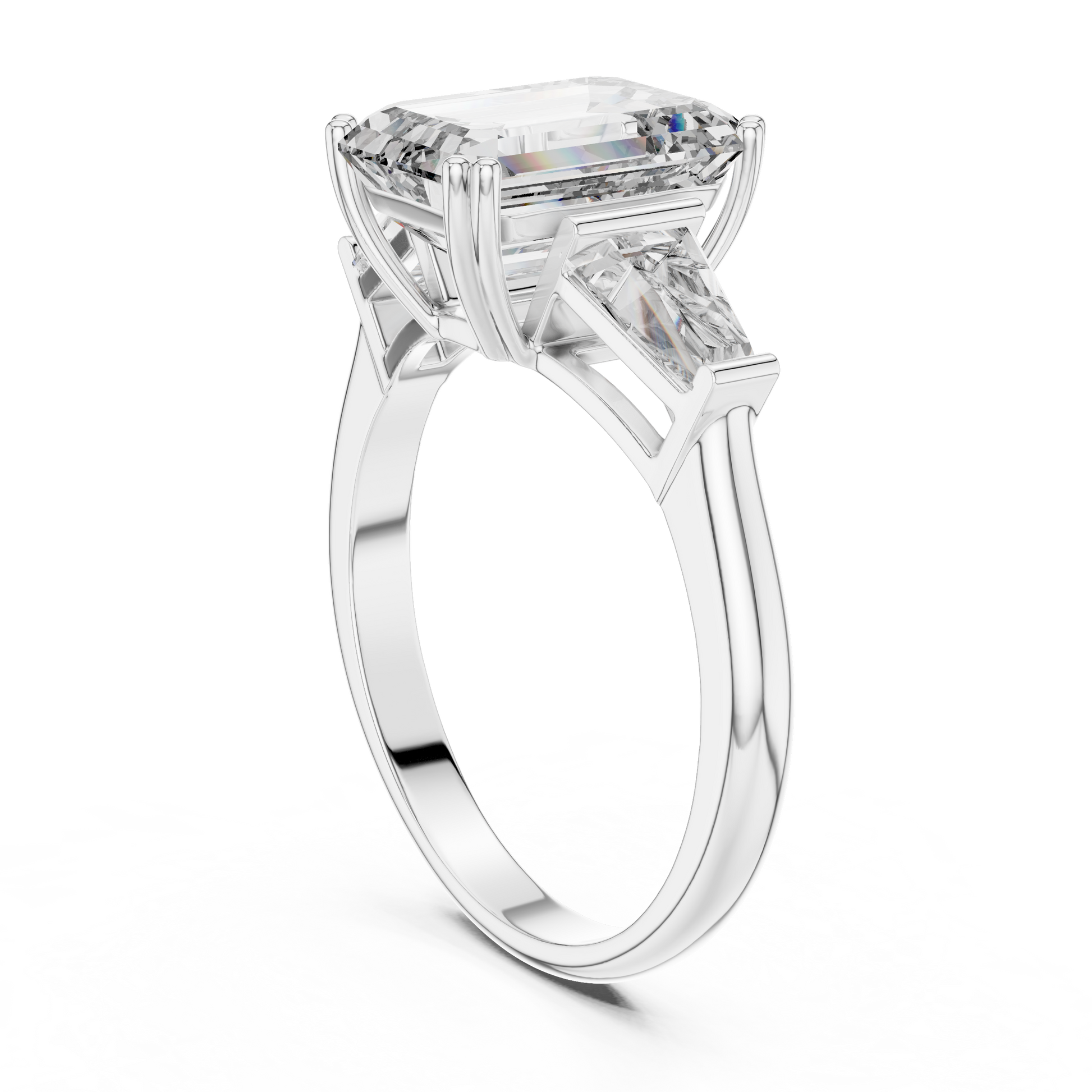 Sterling Silver Emerald-Cut Moissanite Engagement Ring with Tapered Baguette Side Stones