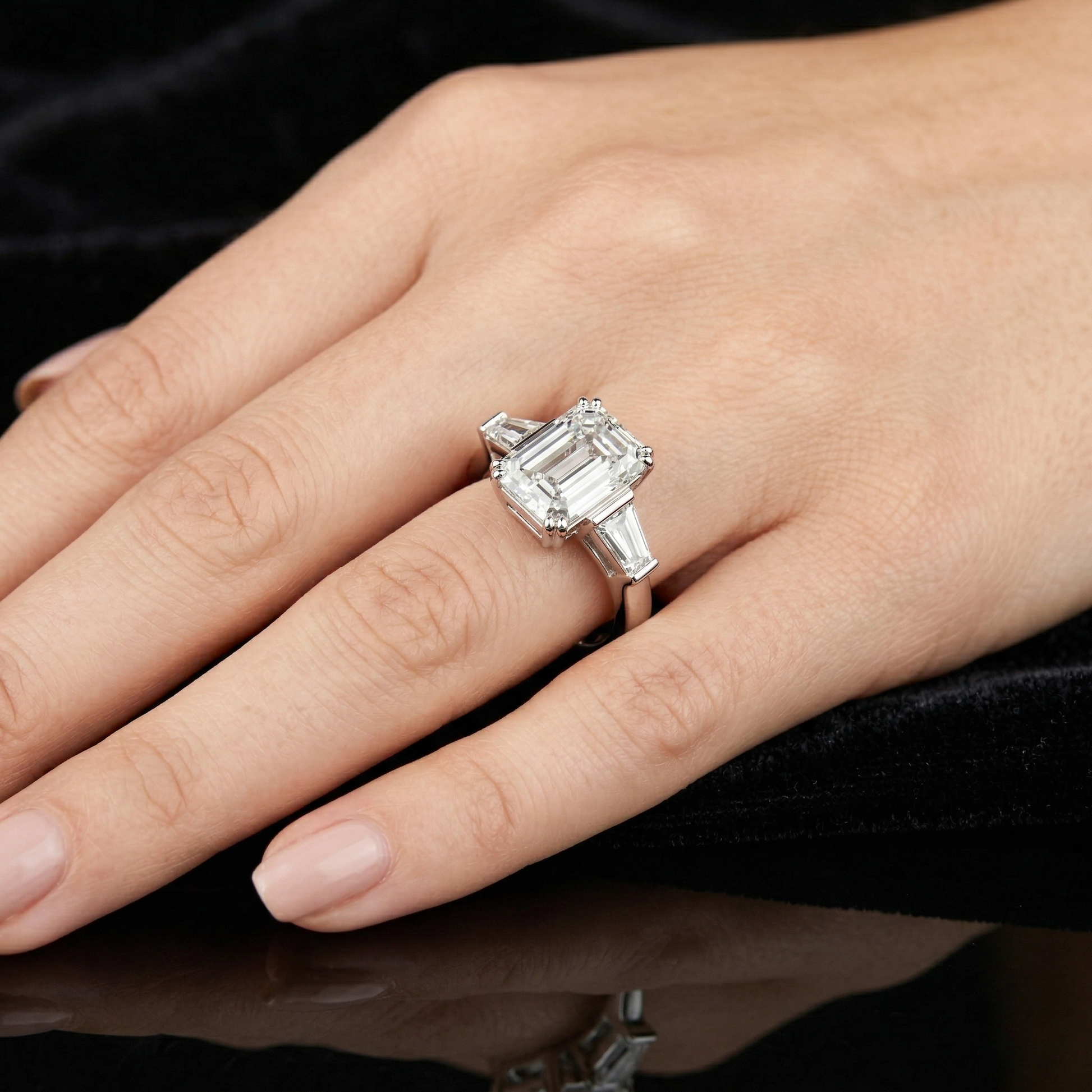 Sterling Silver Emerald Cut Moissanite Engagement Ring with Tapered Baguette Side Stones