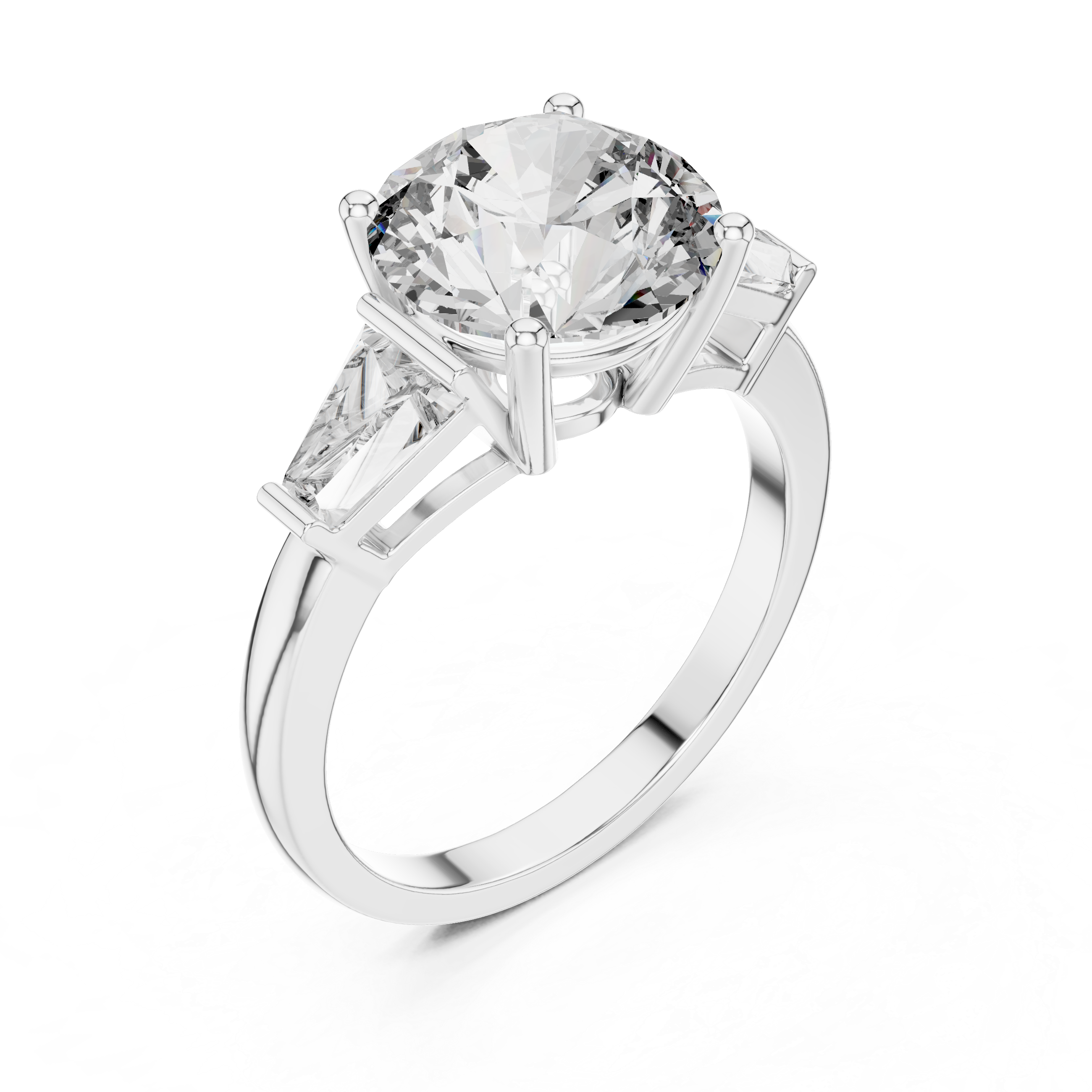 Three Stone Round Cut Moissanite with Baguette Accents Trilogy Engagement Ring