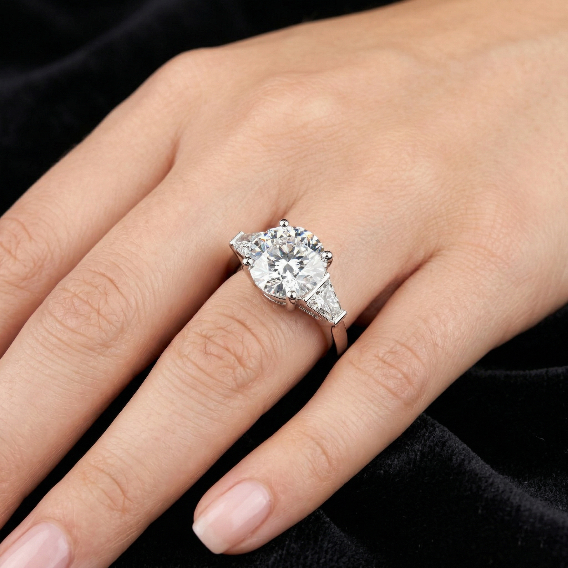 Three Stone Round Cut Moissanite with Baguette Accents Trilogy Engagement Ring