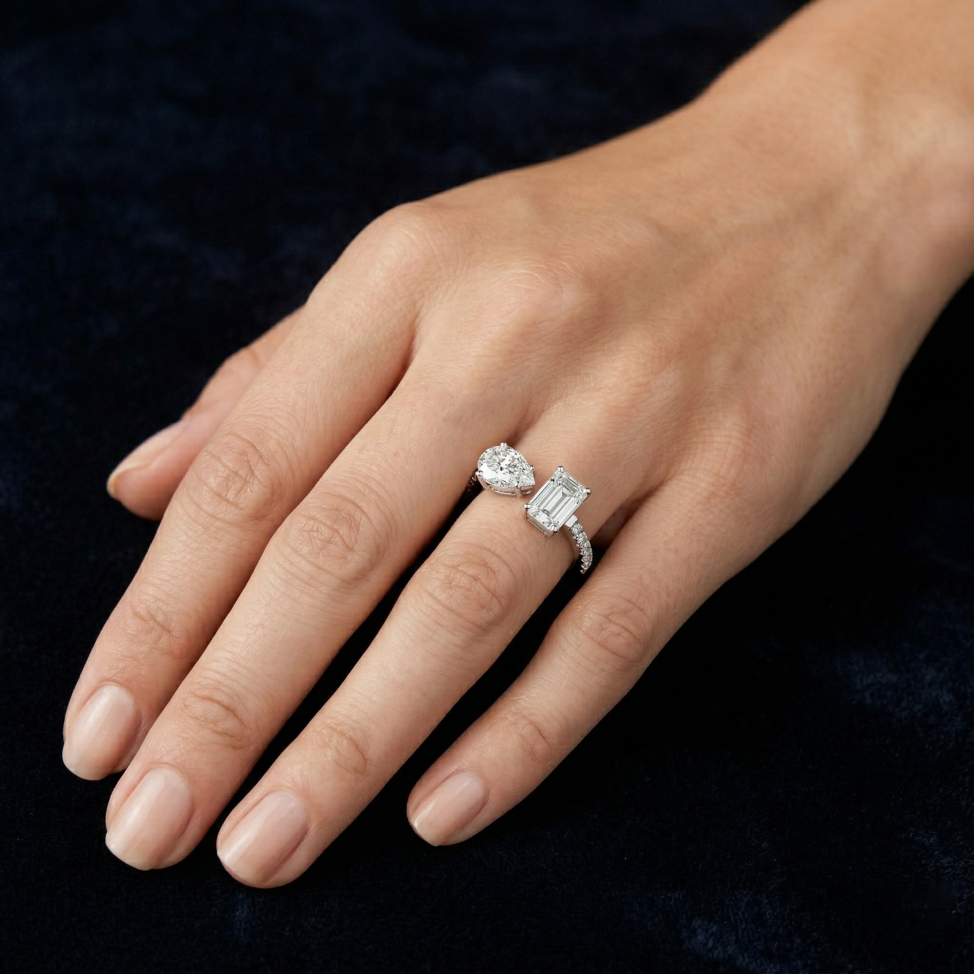 The Toi et Moi Duo Emerald & Pear Moissanite Diamond Sterling Silver Ring