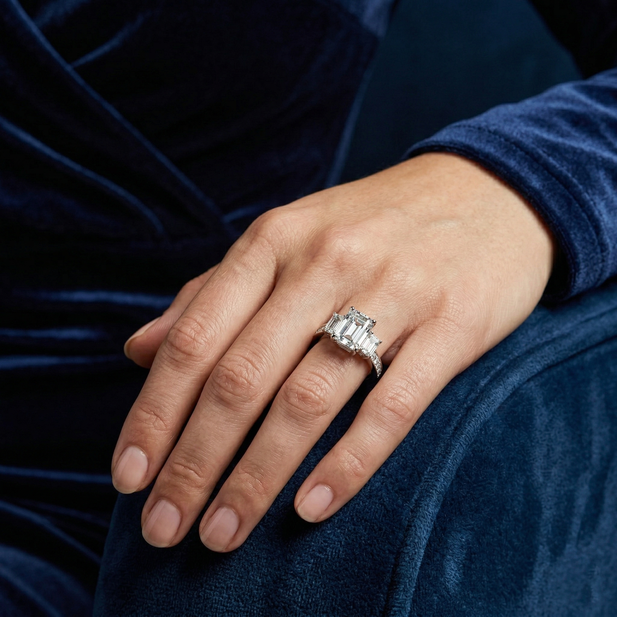 3 CT Emerald Cut Moissanite Trilogy Engagement Ring in 925 Sterling Silver