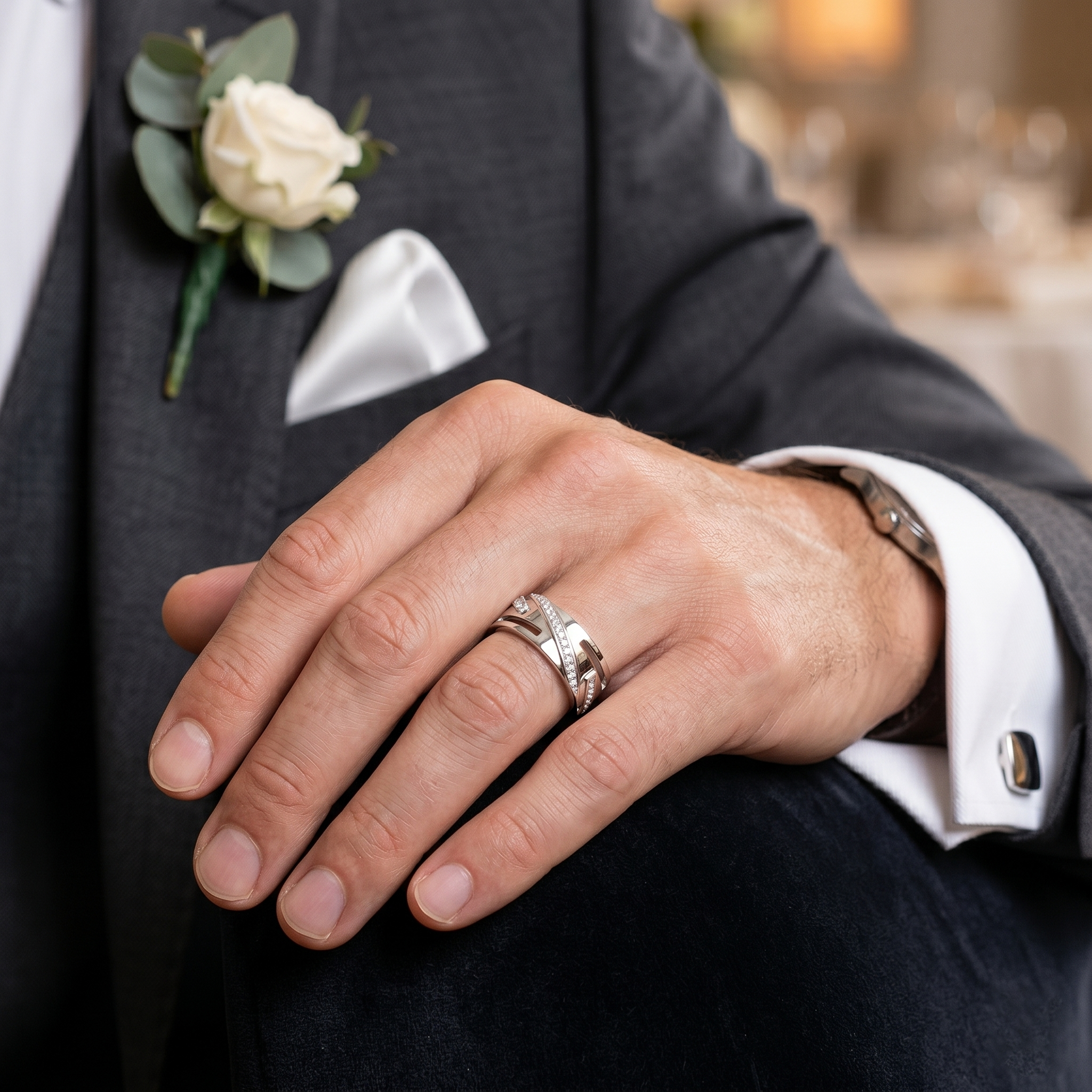 Sophisticated Men's Angular Interlocking Diamond Band – Sterling Silver Wedding Ring