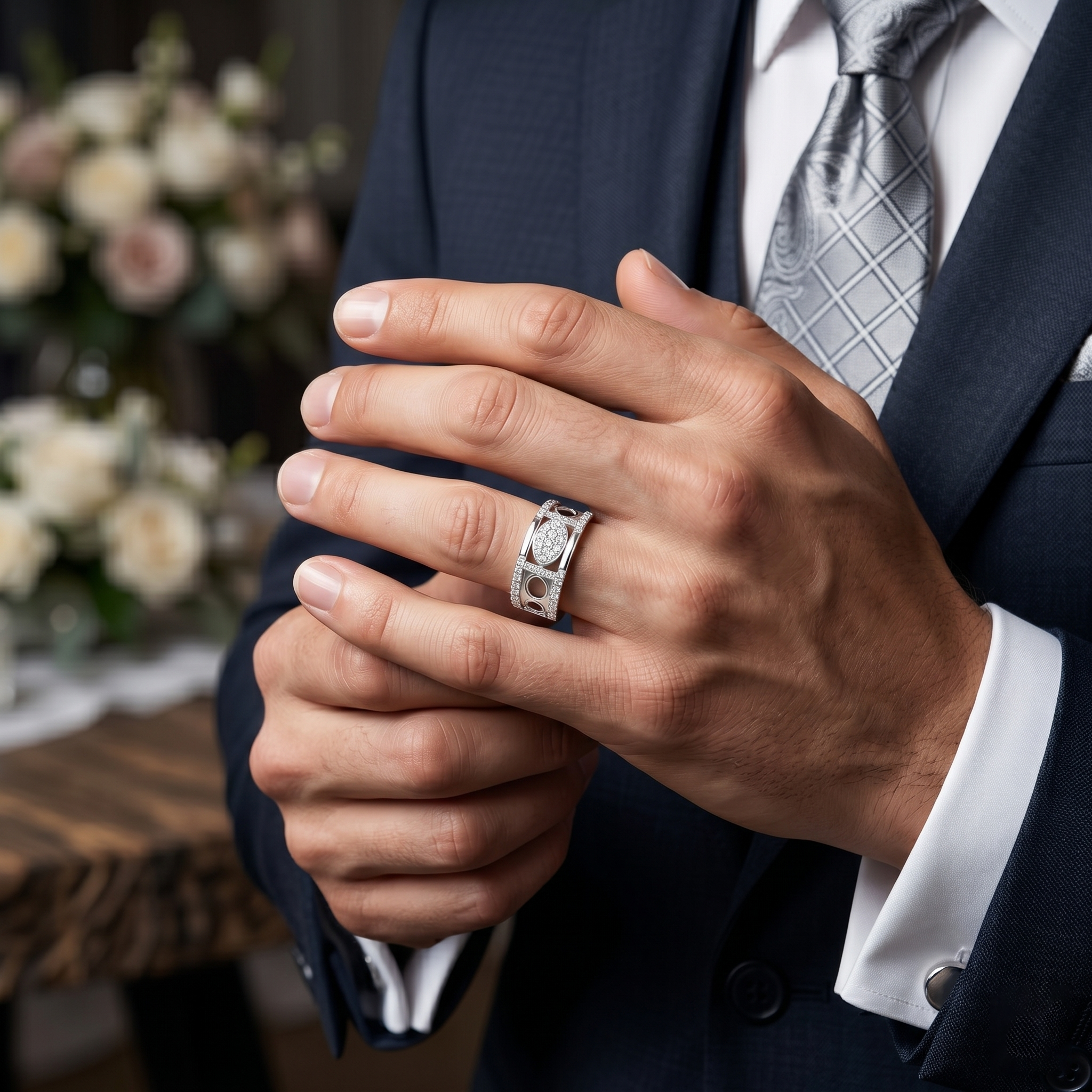 Men's Oval Cluster Micro-Pavé Statement Band Ring – Contemporary Openwork Design