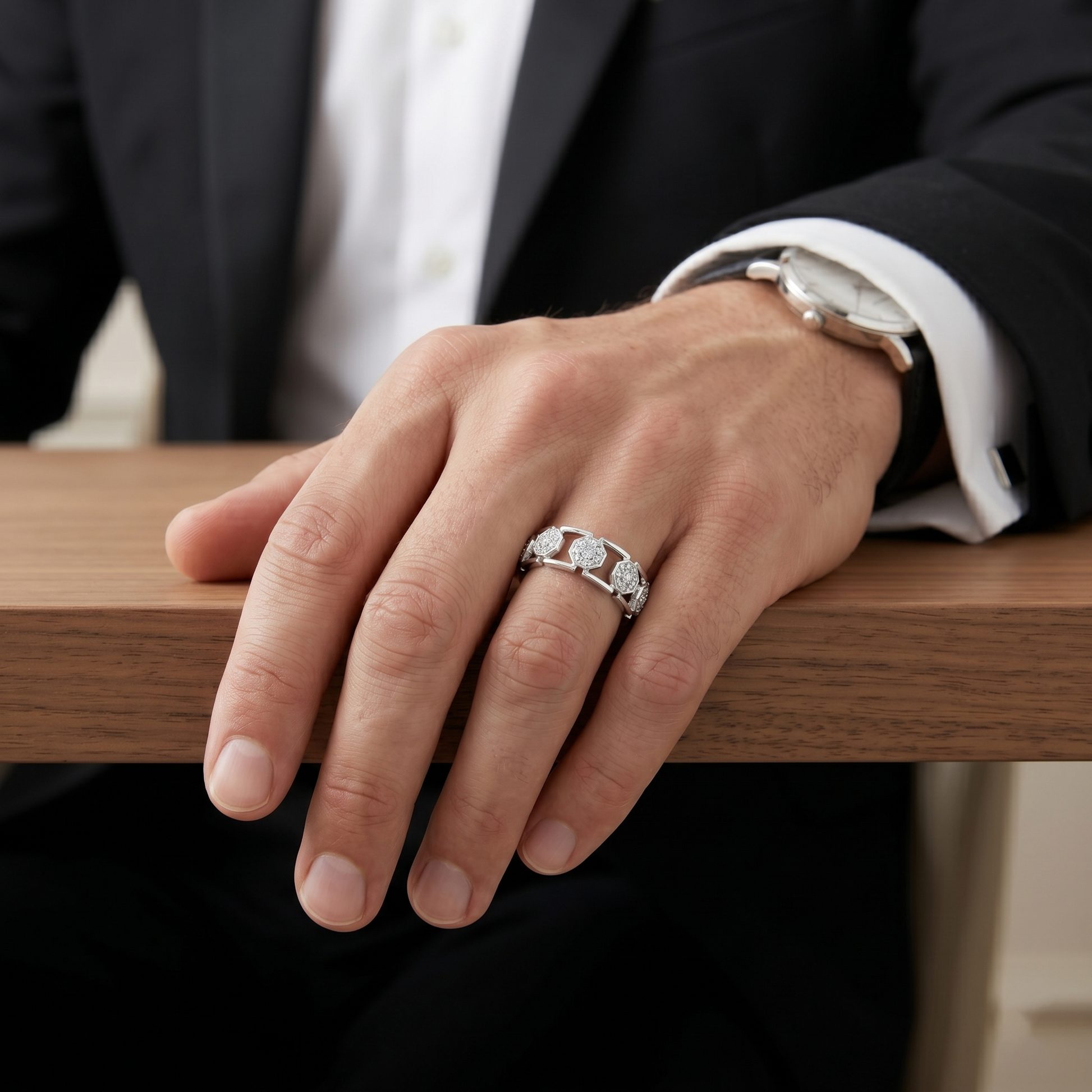 Men's Octagonal Cluster Diamond Statement Band in 925 Sterling Silver