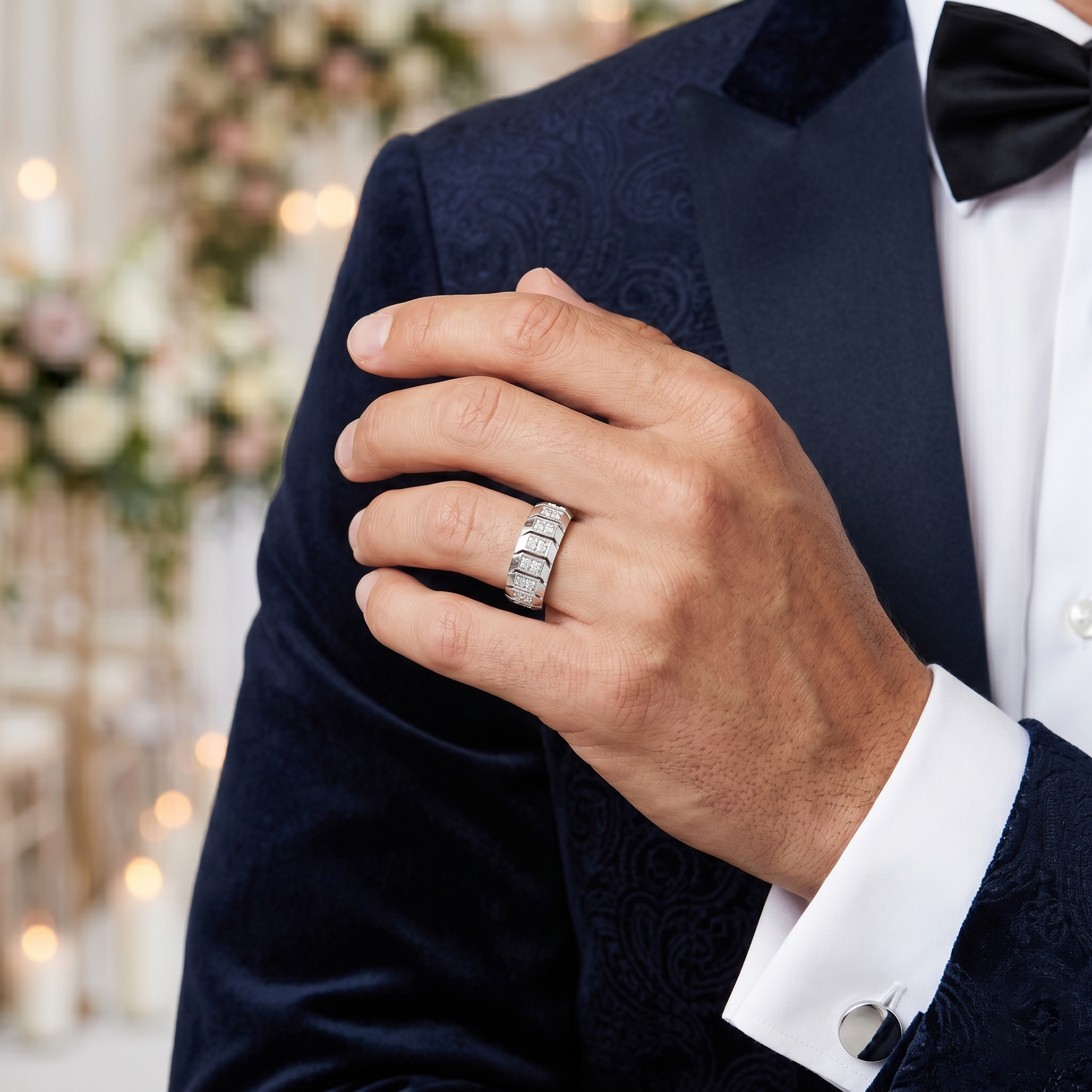 Classic Wide-Profile Bar Cluster Diamond Men’s Wedding Band in Sterling Silver